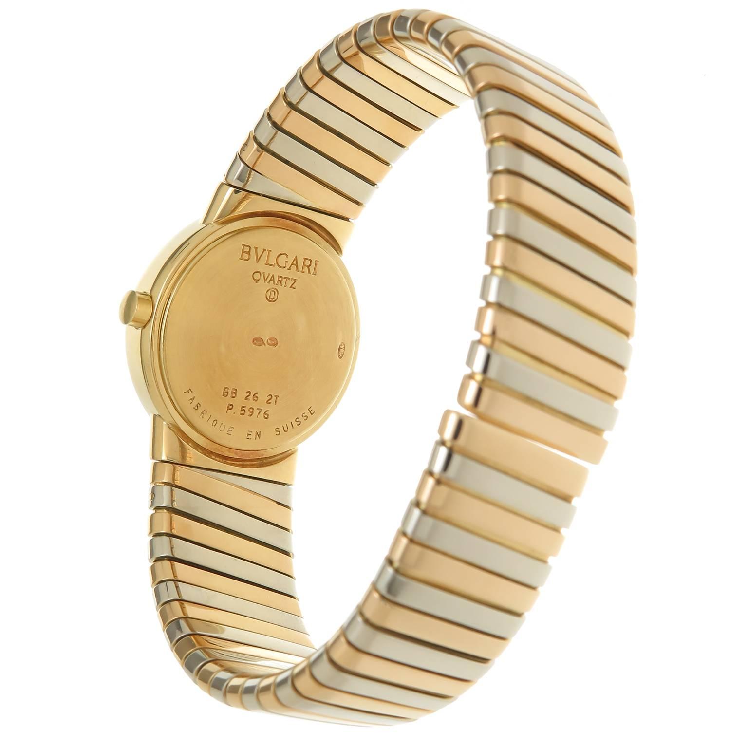 Bulgari Ladies Tricolor Gold Tubogas Quartz Wristwatch In Excellent Condition In Chicago, IL