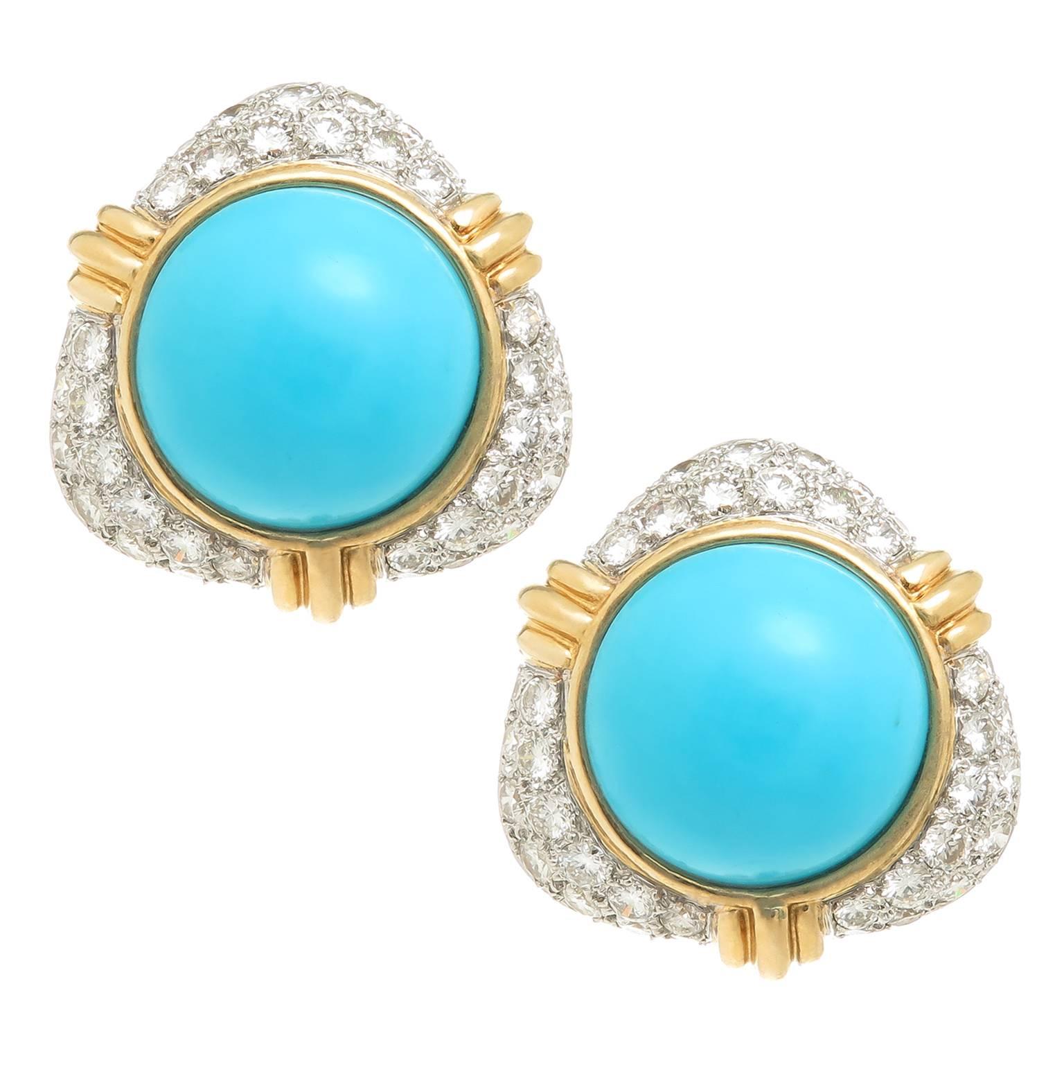 Turquoise Diamond Gold Platinum Ear Clips For Sale