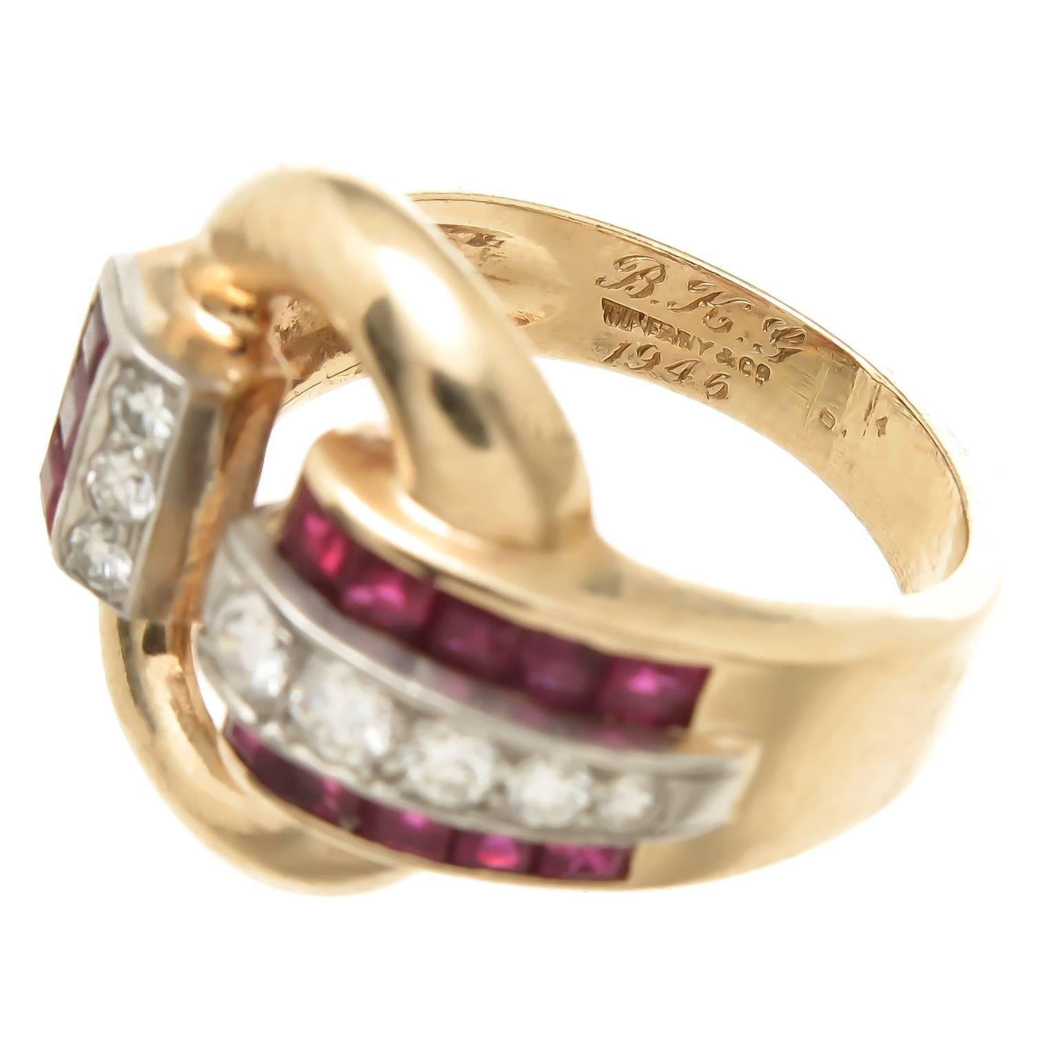 Tiffany & Co. Ruby Diamond Gold Retro Ring In Excellent Condition In Chicago, IL