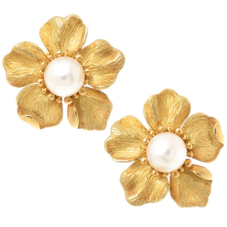 Tiffany And Co Pearl Gold Wild Rose Flower Earrings At 1stdibs Tiffany Co Pearl Gold Wild Rose Flower Earrings For
