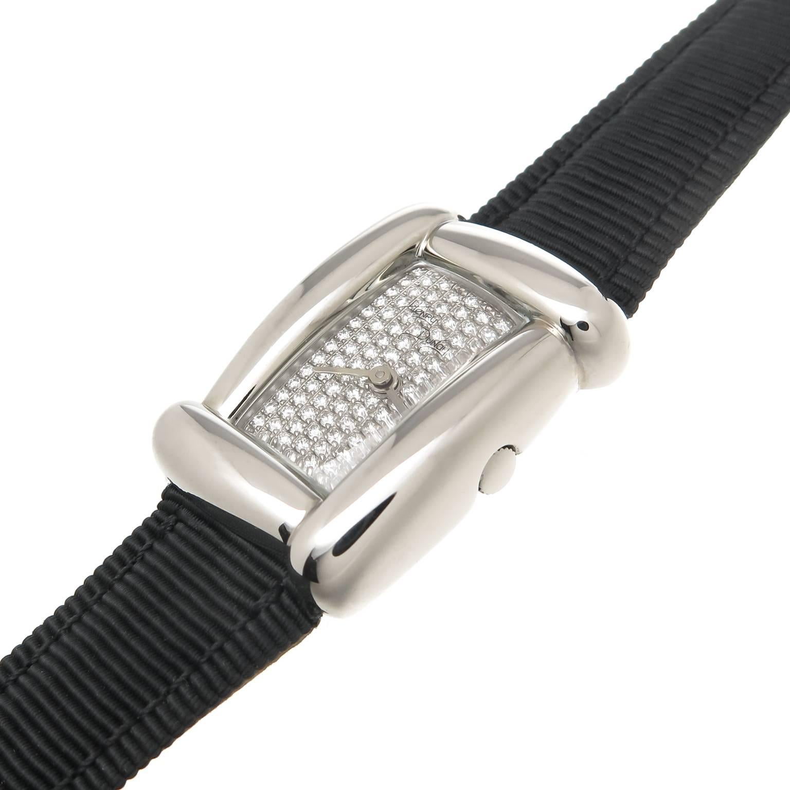 Circa 2005 Henry Dunay Medea collection Wrist Watch, 37 X 20 MM Stainless Steel water resistant case, Quartz Movement, Diamond Pave dial of round Brilliant cut Diamonds totaling approximately 1.30 Carat. 1/2 inch wide Leather backed Black Grosgrain