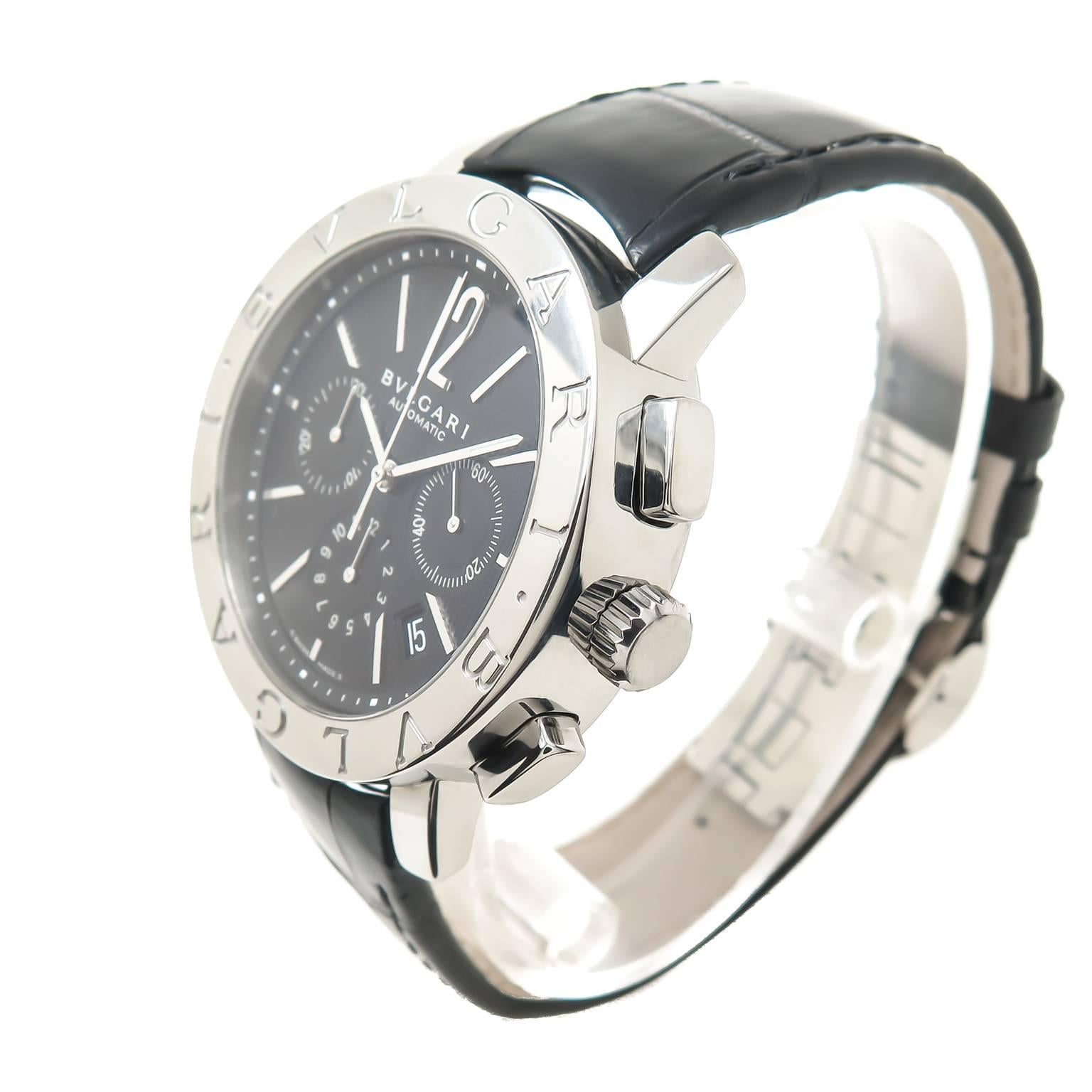Circa 2014 Bulgari Bulgari Stainless Steel Ref BB 42SL 3 register  Chronograph 42 MM Diameter case that is 11 MM thick. Automatic self winding movement, Black textured dial with raised markers and calendar window at the 5 position. New Black