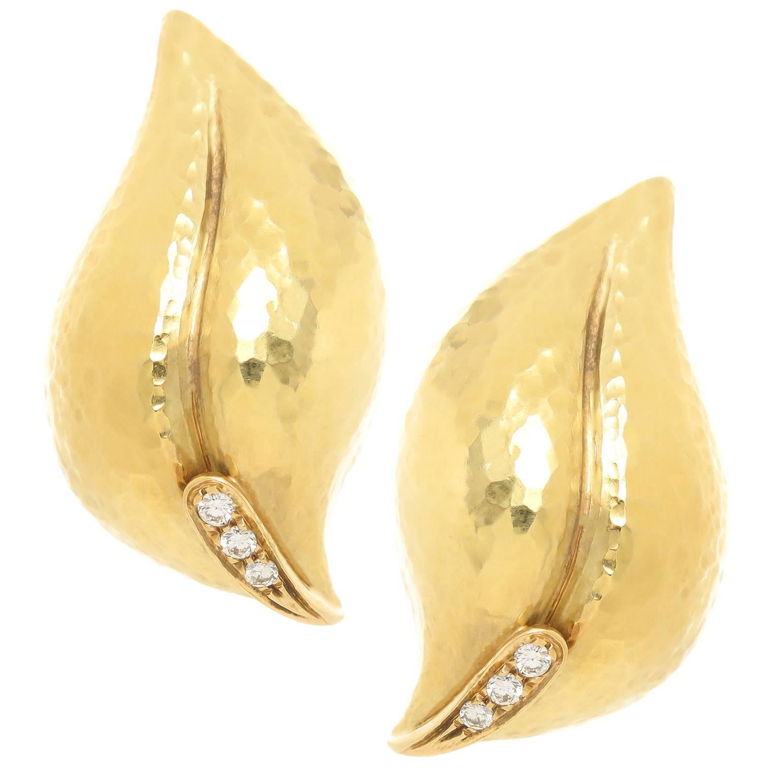 Tiffany & Co. Paloma Picasso Diamond Gold Hammered Leaf Earrings For Sale