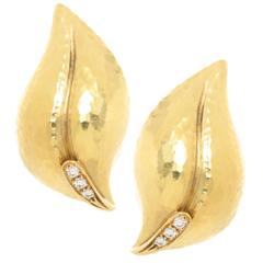 Tiffany & Co. Paloma Picasso Diamond Gold Hammered Leaf Earrings
