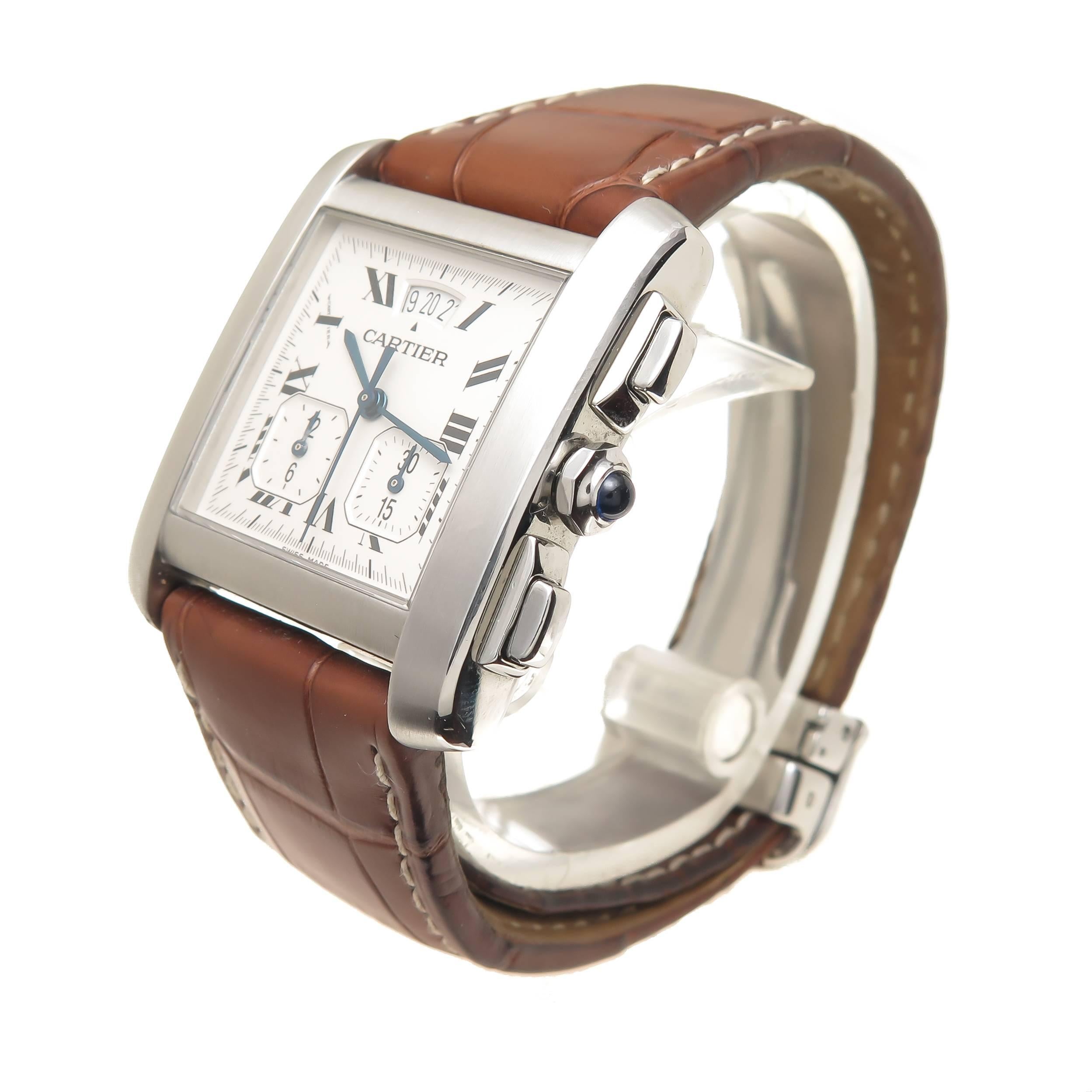 Circa 2014 Cartier Tank Francaise Yearling Chronograph Wrist Watch, 28 X 30 Stainless Steel Water Resistant Case, Quartz Movement, White Dial with Black Roman Numerals, 2 register Chronograph function, calendar, sweep second hand and a Sapphire