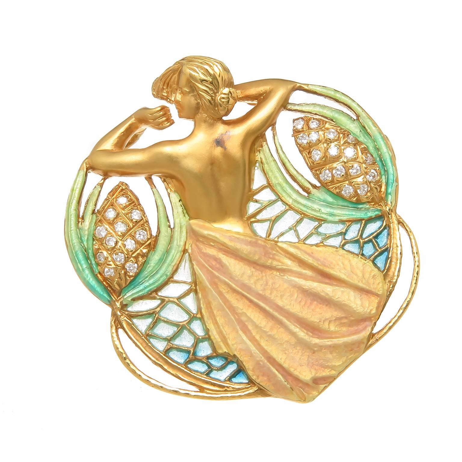 Art Nouveau Masriera Plique-a-Jour Enamel Diamond Gold Pendant Brooch