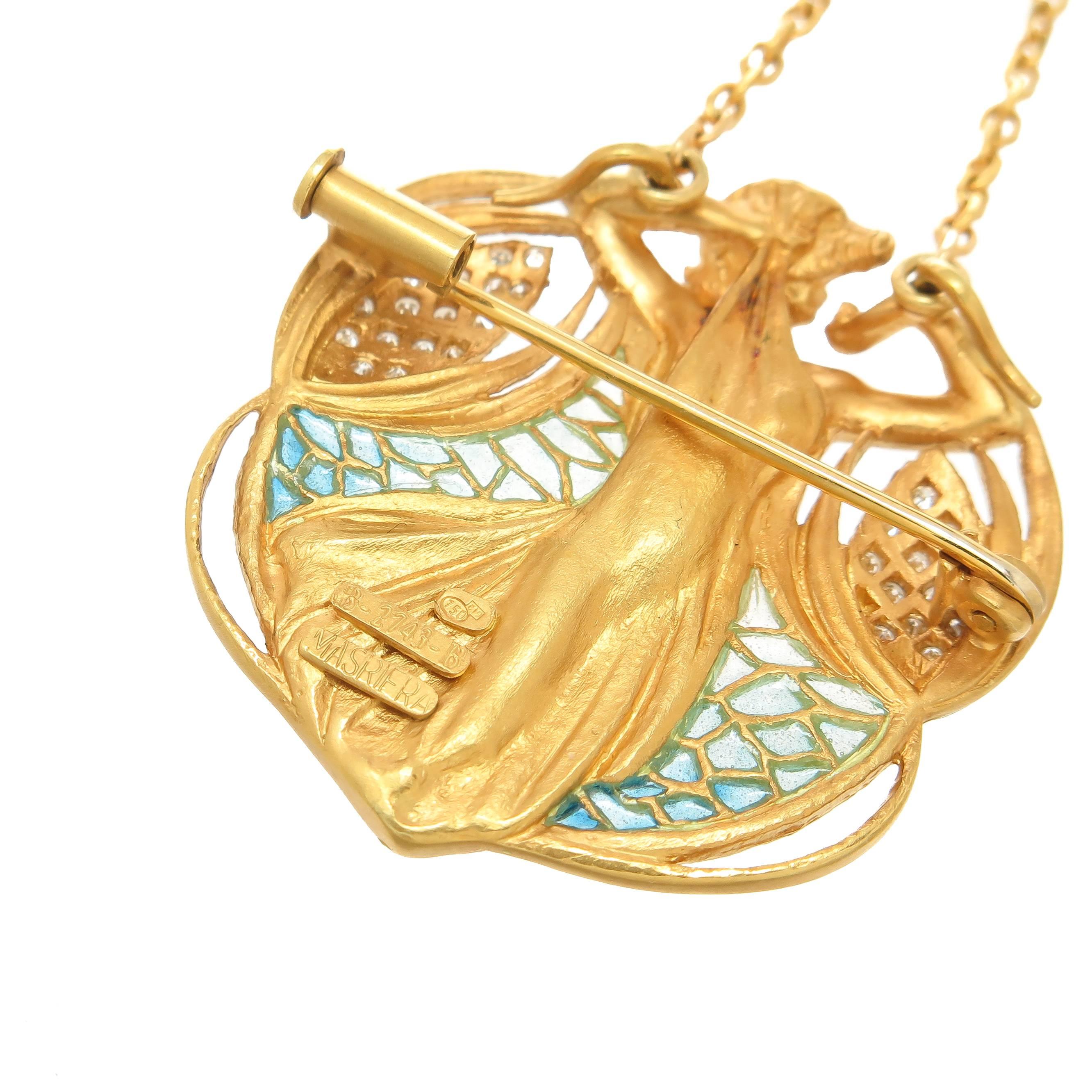 Women's Masriera Plique-a-Jour Enamel Diamond Gold Pendant Brooch