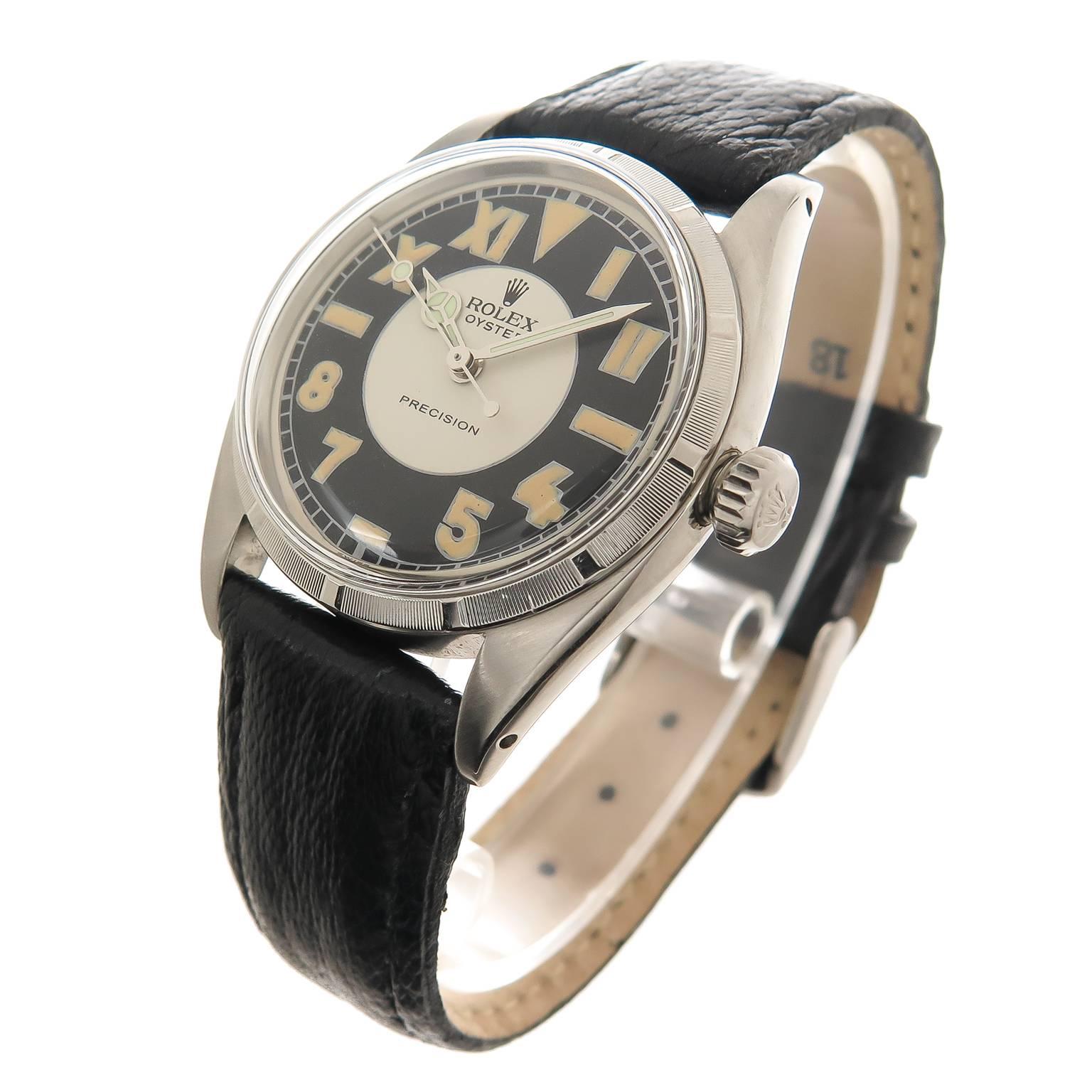Circa 1957 Rolex Reference 6423 Oyster Precision  watch, 34 MM stainless steel Waterproof oyster Case with Engine Turned Bezel. 17 Jewel Caliber 1210 Manual Winding Movement, Restored California style Dial with sweep and Mercedes hands. Original
