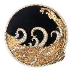 Vintage 1980s Erte The Wave Mermaid Diamond Silver Gold Brooch