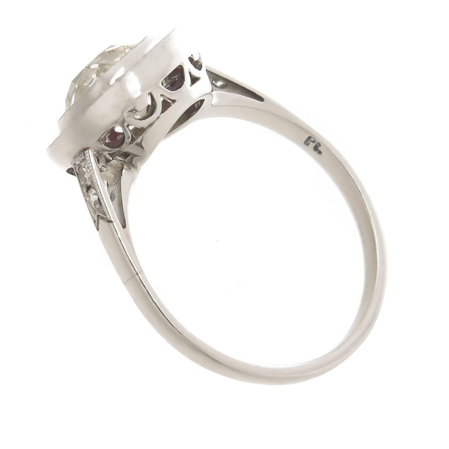 Art Deco French Cut Ruby Cushion Diamond Platinum Engagement Ring