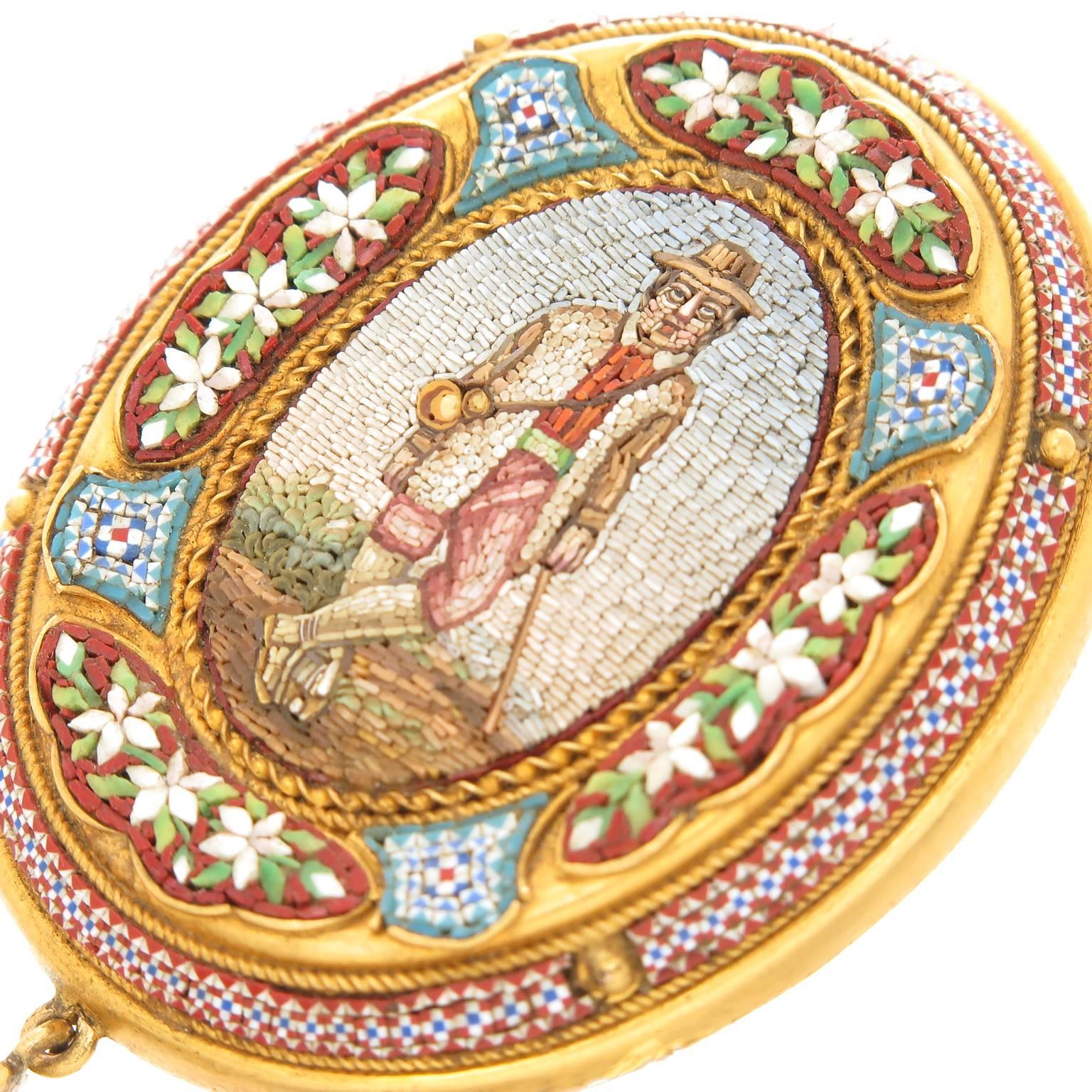 Women's or Men's Late 19th Century Micro Mosaic Gold Pin Pendant 