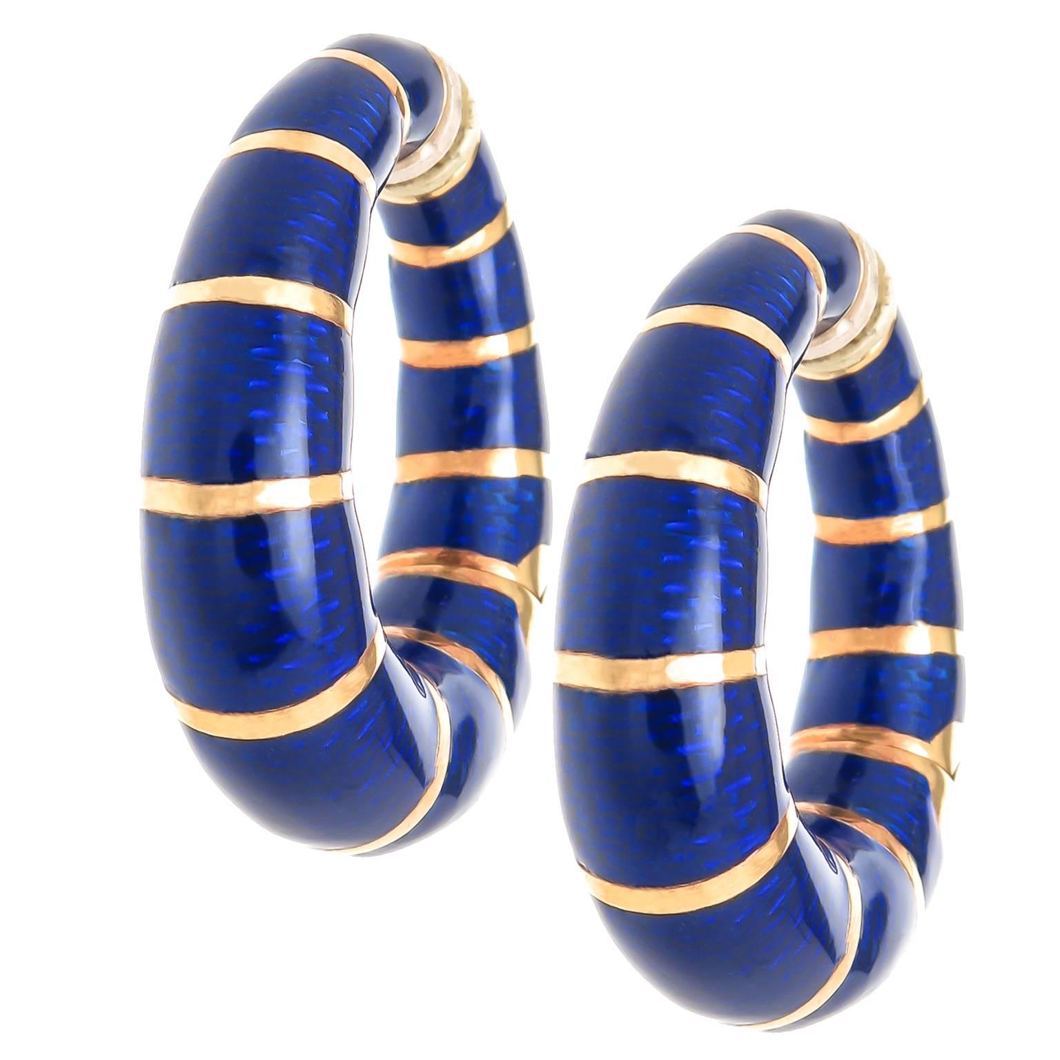 1970s Bulgari Large Enamel Gold Hoop Earrings