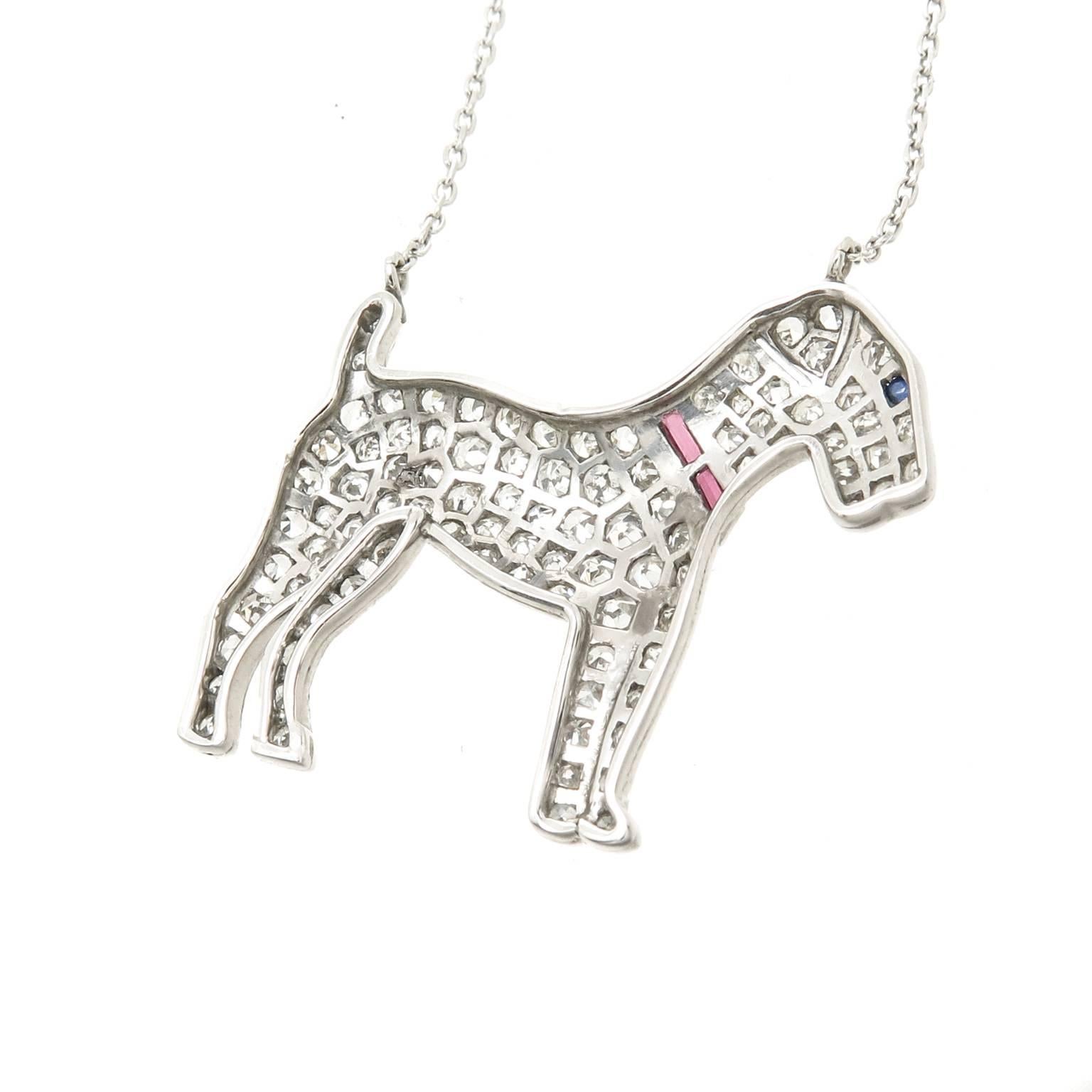 Women's or Men's Art Deco Ruby Diamond Platinum Terrier Dog Pendant