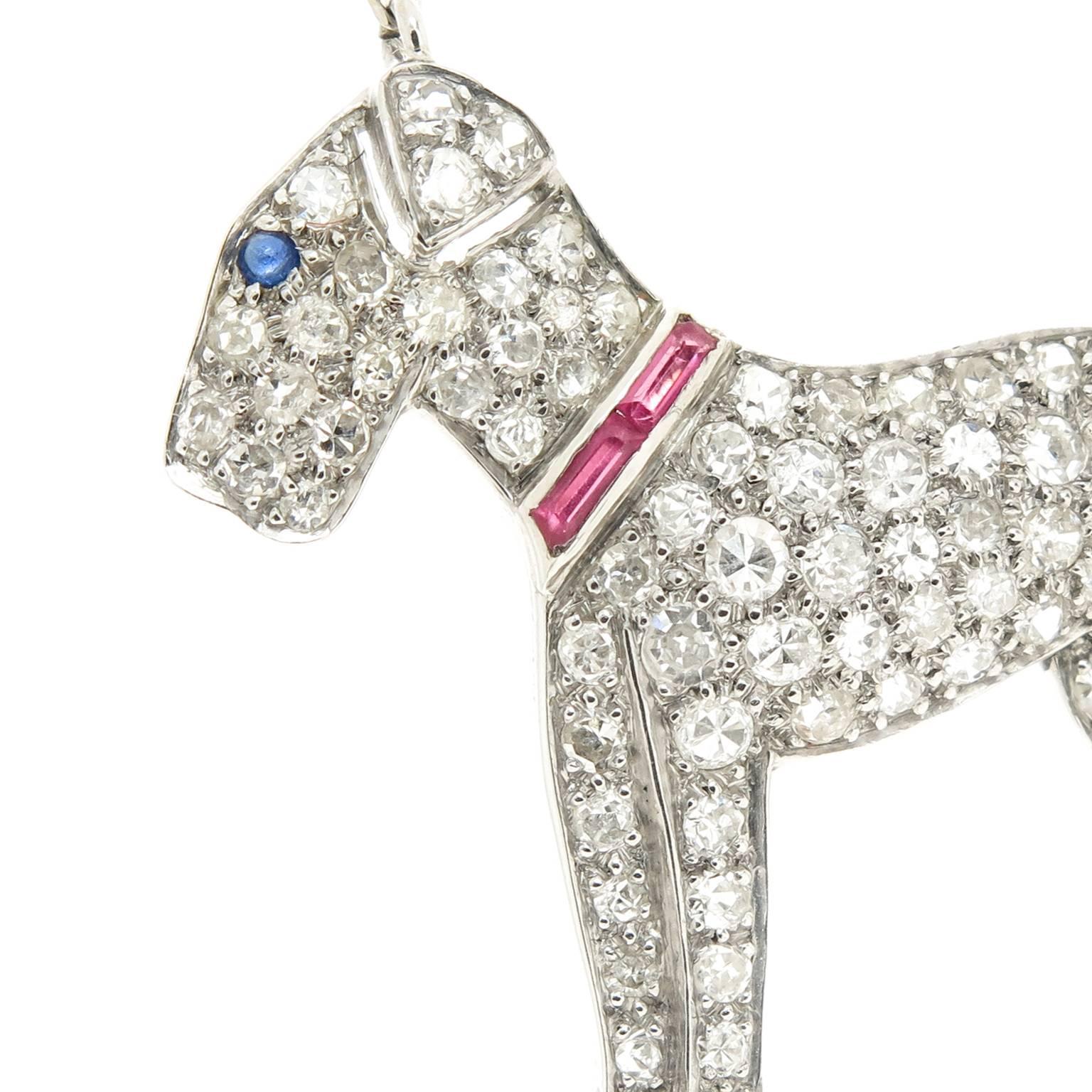 Art Deco Ruby Diamond Platinum Terrier Dog Pendant In Excellent Condition In Chicago, IL