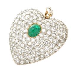 Edwardian Emerald Diamond Gold Platinum Large Heart Locket