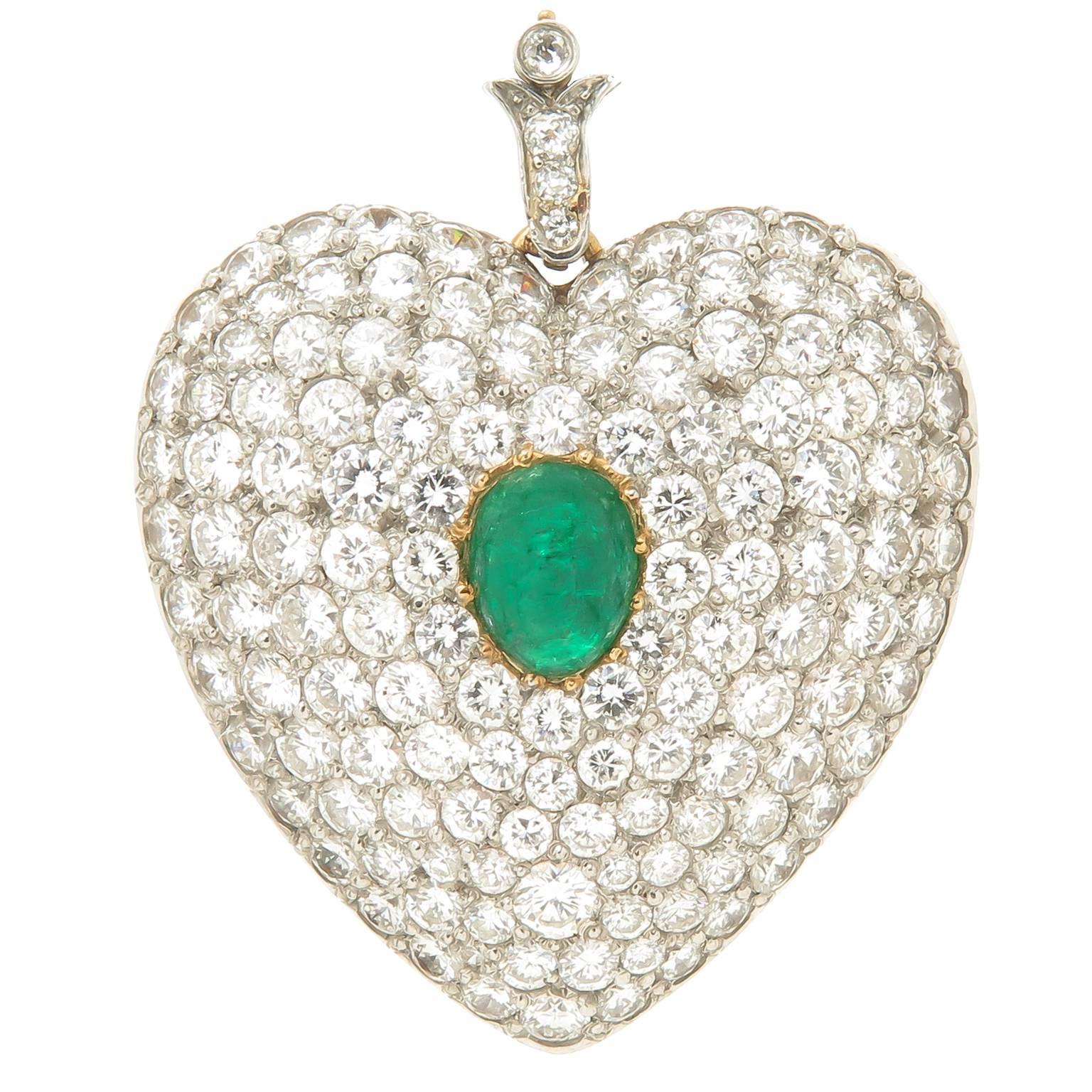 Edwardian Emerald Diamond Gold Platinum Large Heart Locket 