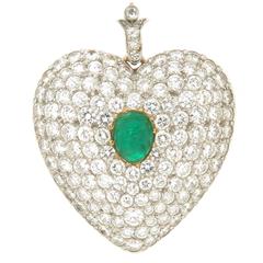 Antique Edwardian Emerald Diamond Gold Platinum Large Heart Locket 