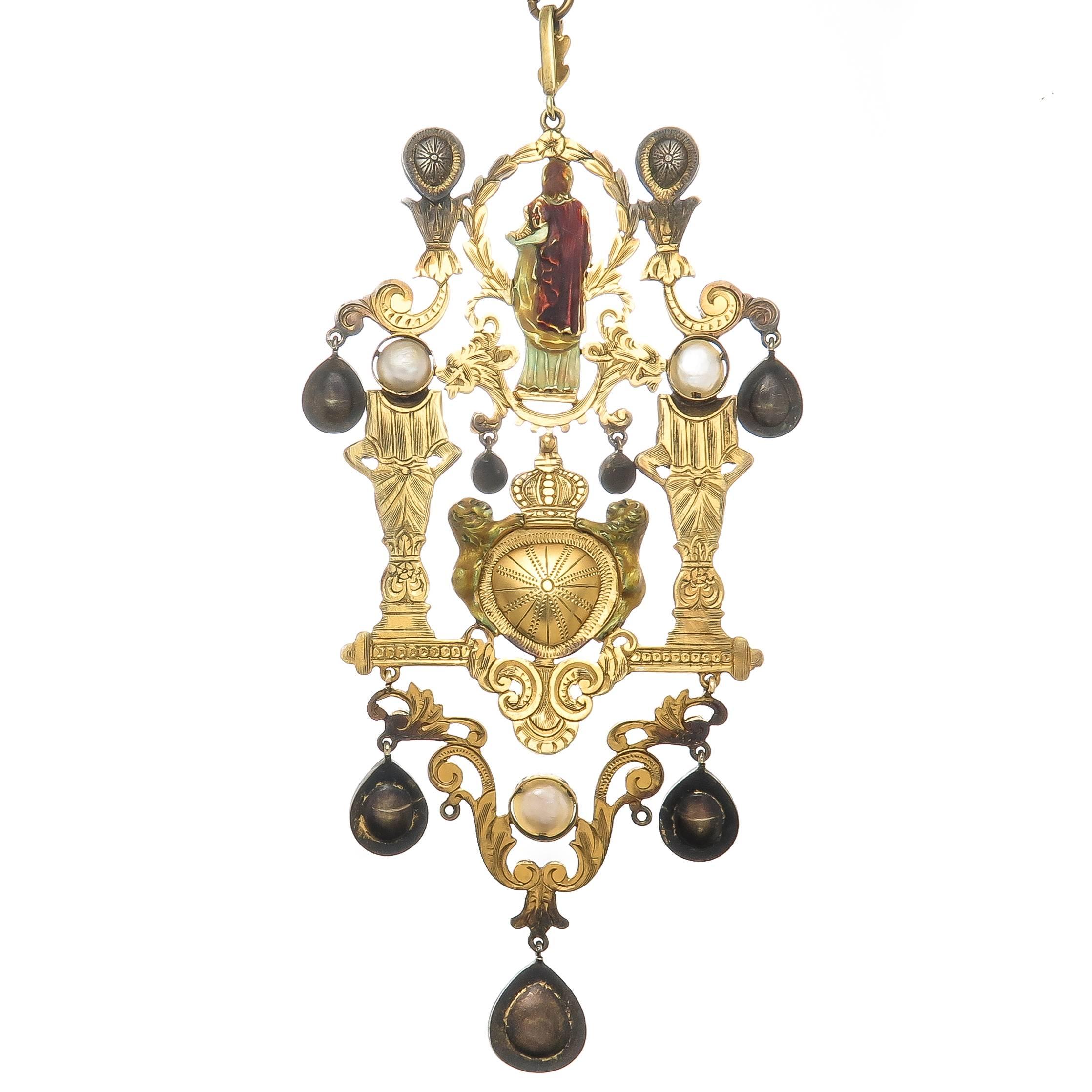Circa 1890 Victorian Era, Gothic revival Necklace, the pendant element measures 4 5/8 inch in length X 2 1/8 inch wide and is suspended from a 20 inch chain. High Karat Yellow Gold tests as 15 to 18K, finely detailed on the front and back with hand