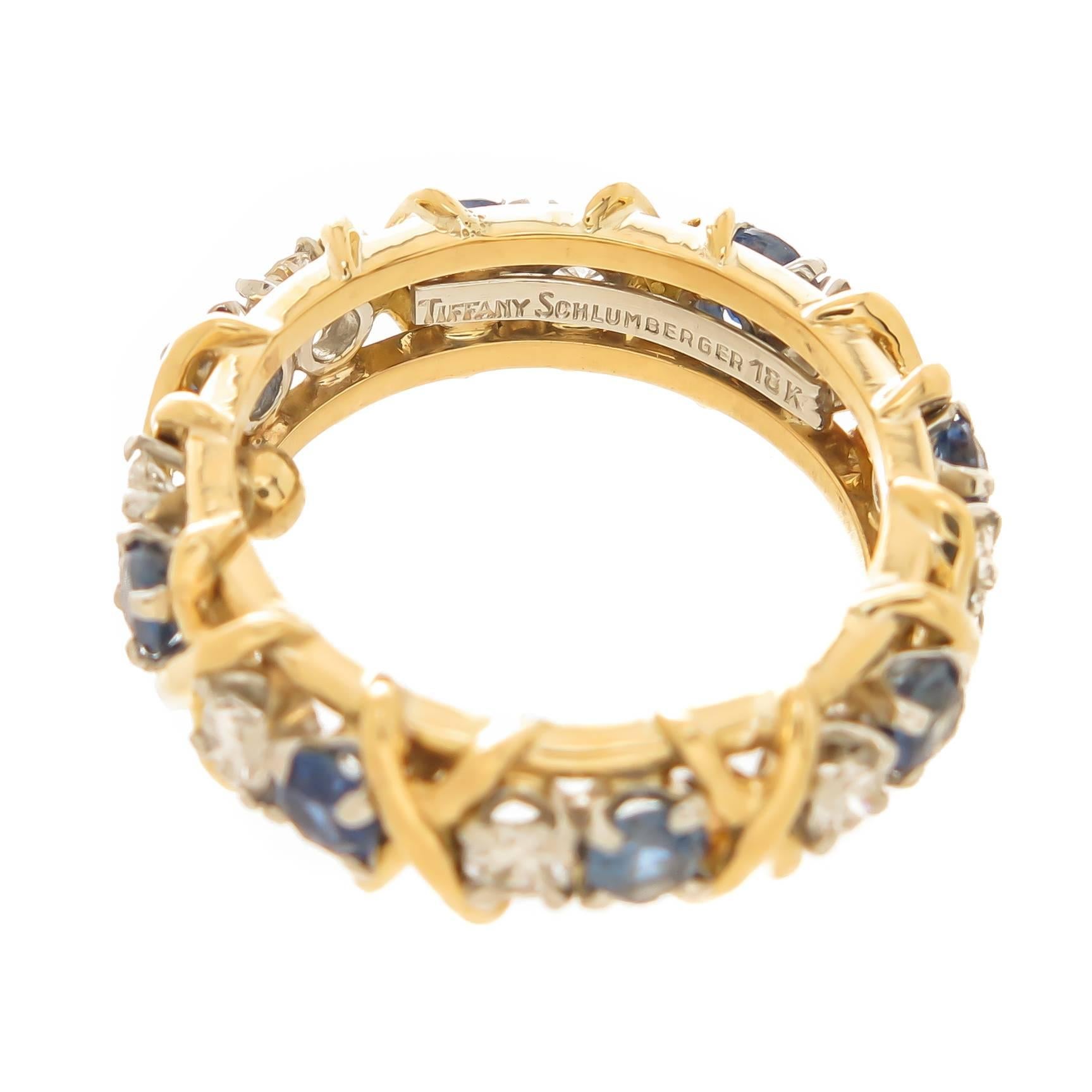 Tiffany & Co. Schlumberger Sapphire Diamond Gold Platinum X Band Ring In Excellent Condition In Chicago, IL