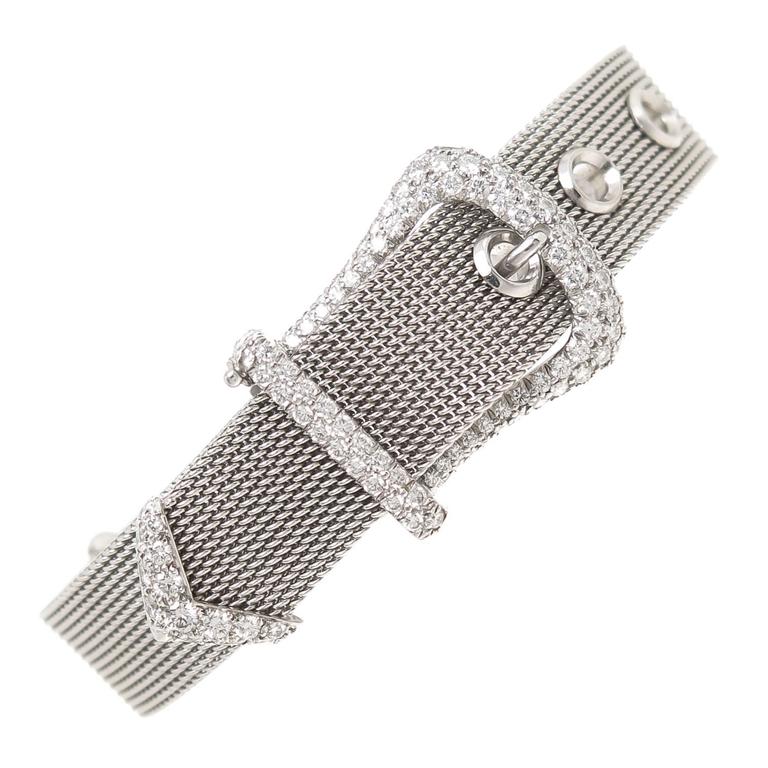 Diamond Platinum Mesh Buckle Bracelet 