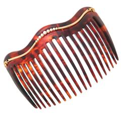 Late Victorian Tortoise Shell Natural Pearl Gold Hair Comb 4