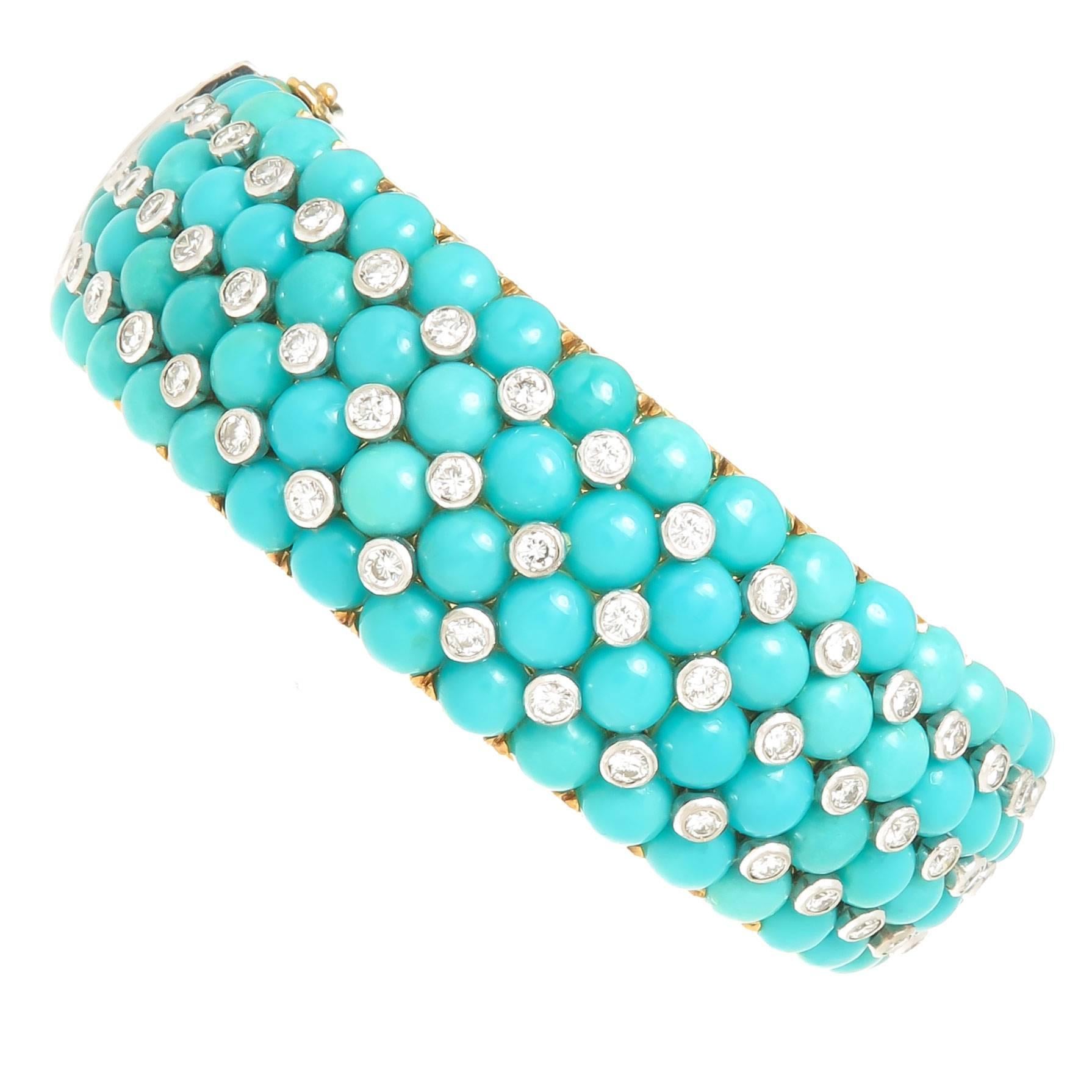 Gold Turquoise and Diamond wide Bangle Bracelet