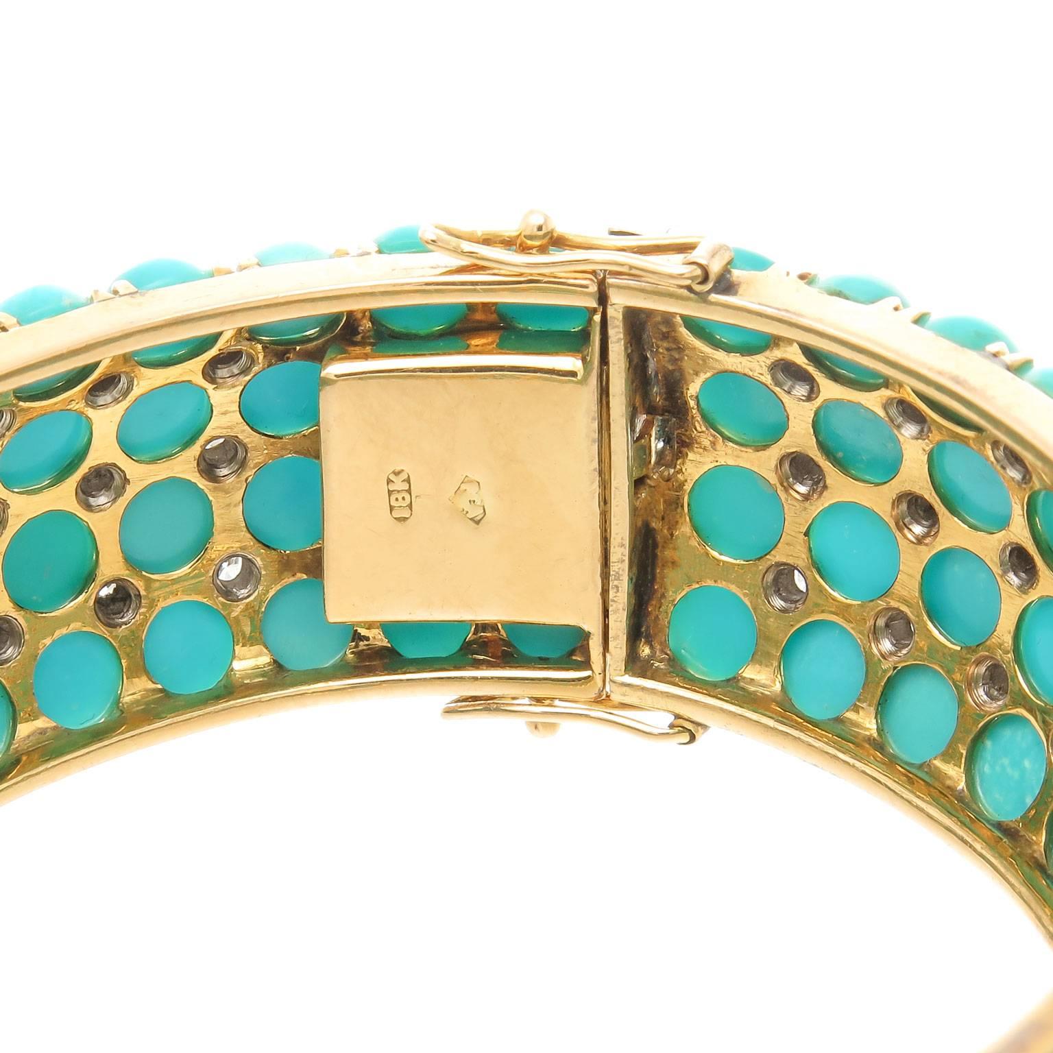 Gold Turquoise and Diamond wide Bangle Bracelet 1