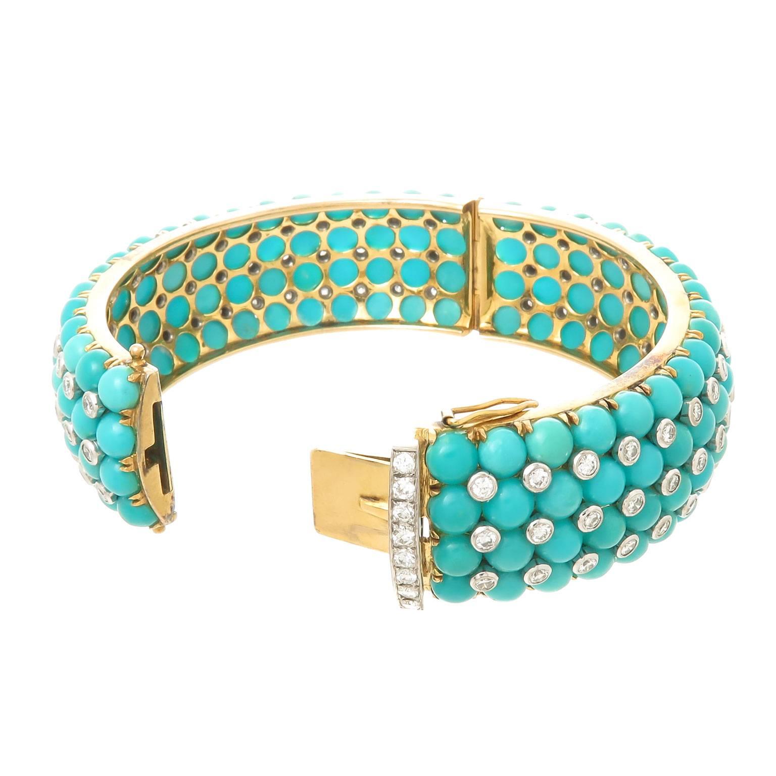 Women's Gold Turquoise and Diamond wide Bangle Bracelet