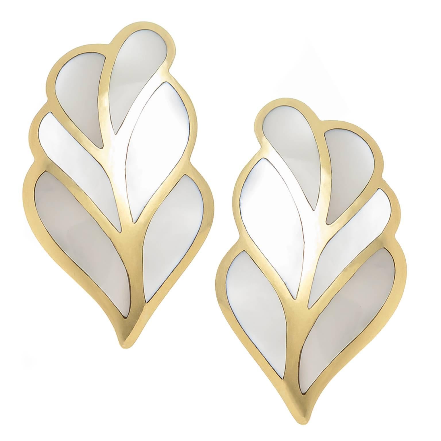 Tiffany & Company Gold and Mother of Pearl inlay Leaf Earrings For Sale