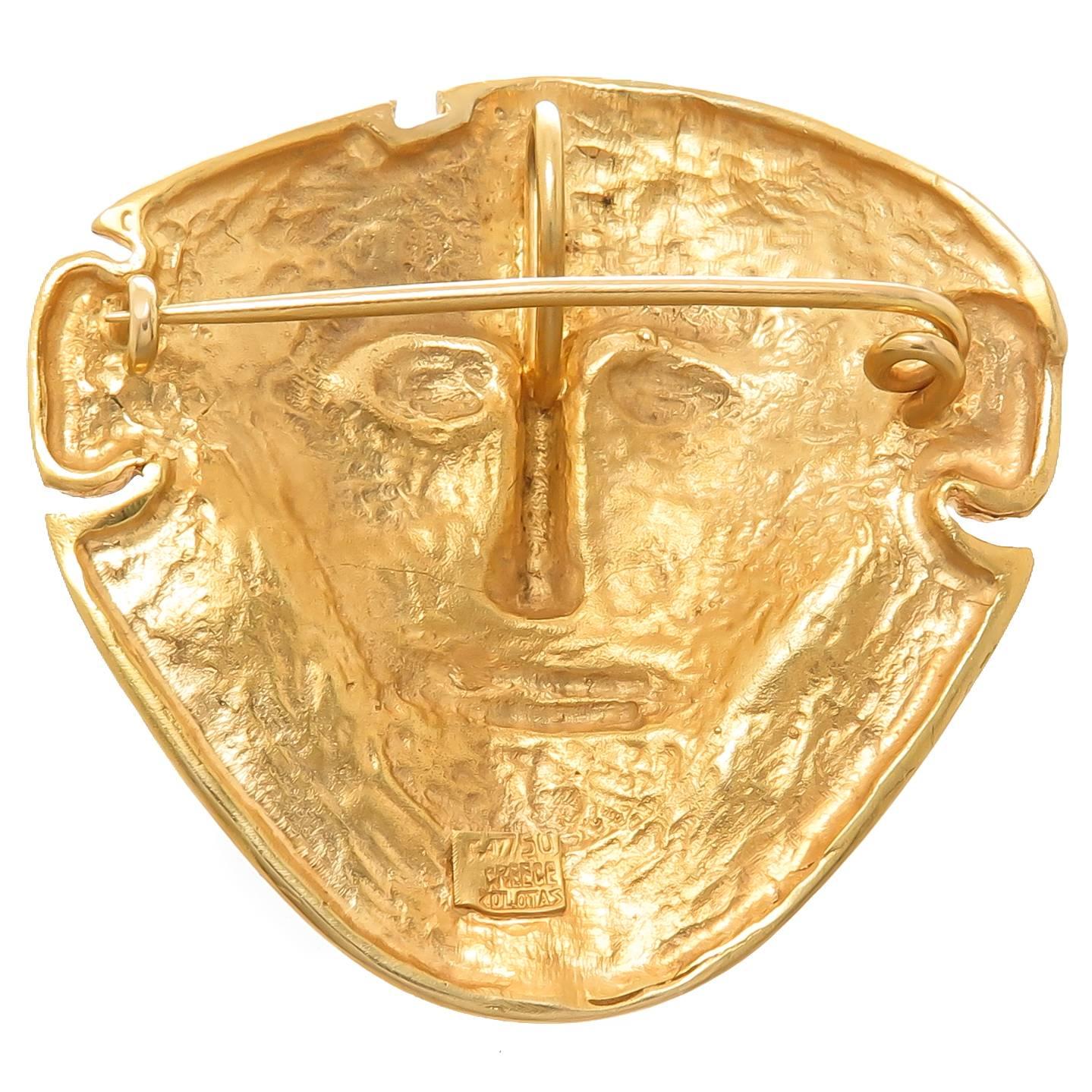 Classical Greek Zolotas large  Ancient Face Mask Pendant Yellow Gold Brooch