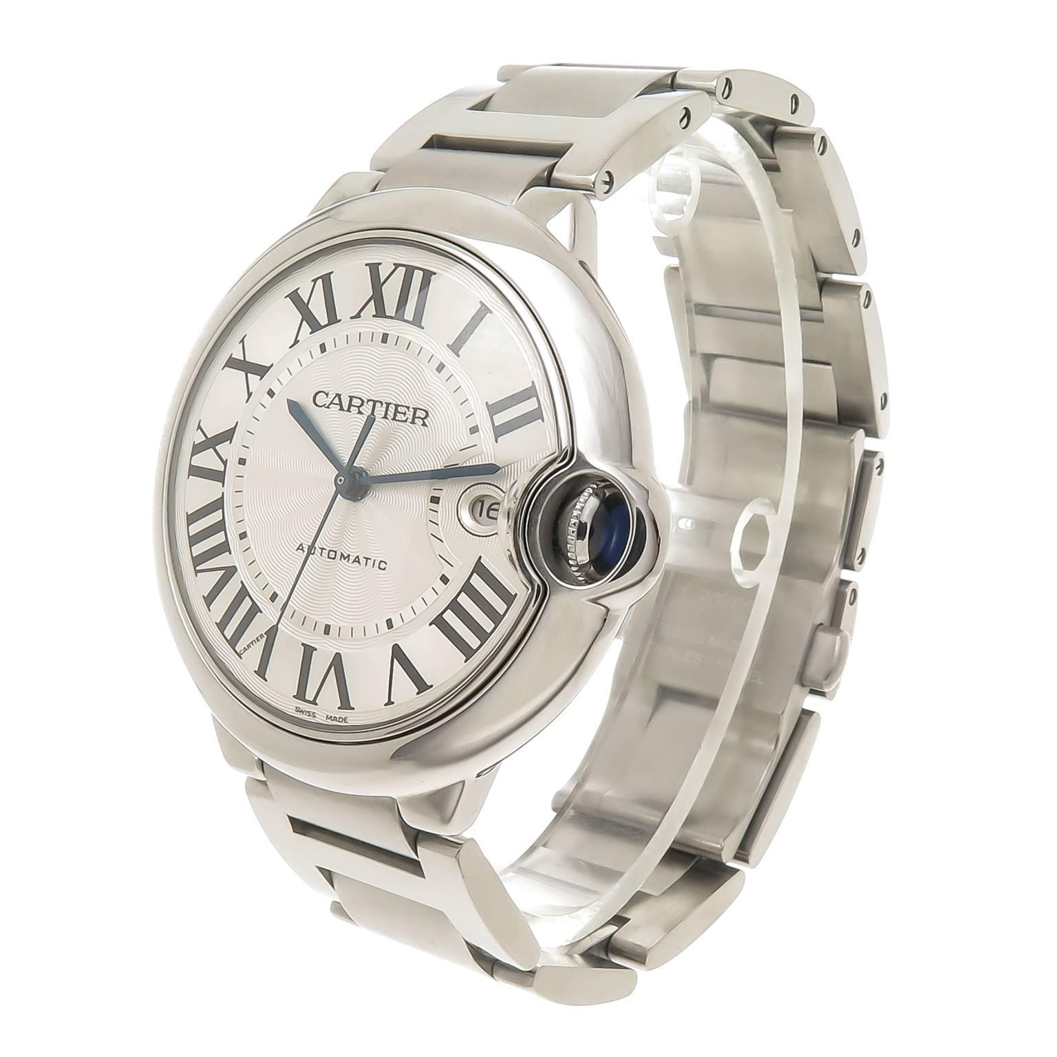Circa 2014 Cartier Ballon Bleu, 42 MM Stainless Steel water resistant case, Automatic self winding movement, silvered dial with engine turned center, Black Roman numerals and a scratch resistant Crystal. 3/4 inch wide steel bracelet with deployment