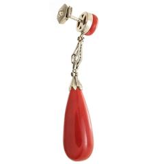 French Coral  Diamond  Platinum Earrings