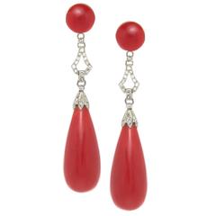 French Coral  Diamond  Platinum Earrings
