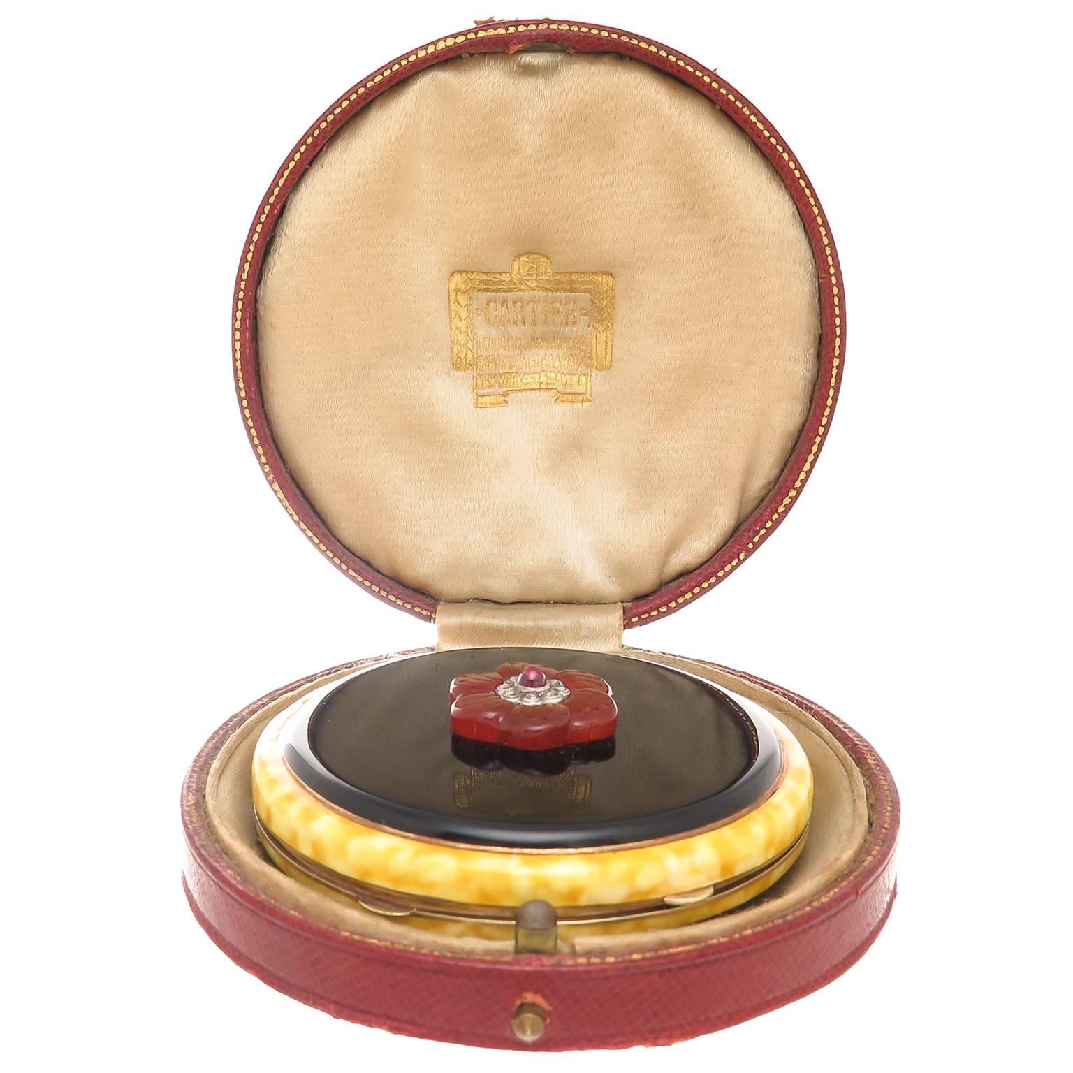 Women's or Men's 1940s Cartier Enamel Gem Set Gold Compact 