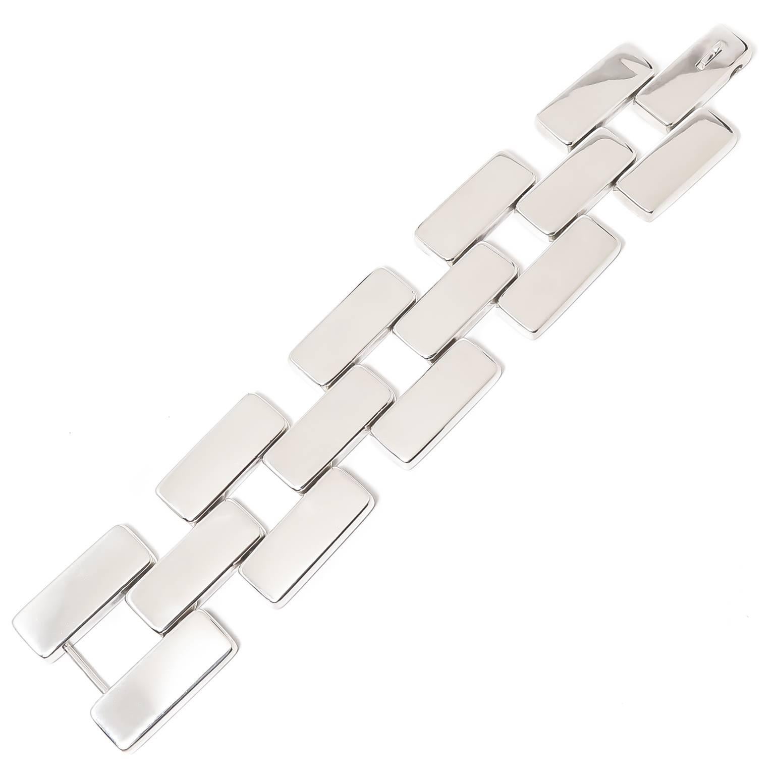 Circa 1960 Georg Jensen Large and Heavy Sterling Silver Brick links bracelet number 194. Measuring 8 3/4 inch in length, 1 1/2 inch wide and weighing 3.6 ounce. 