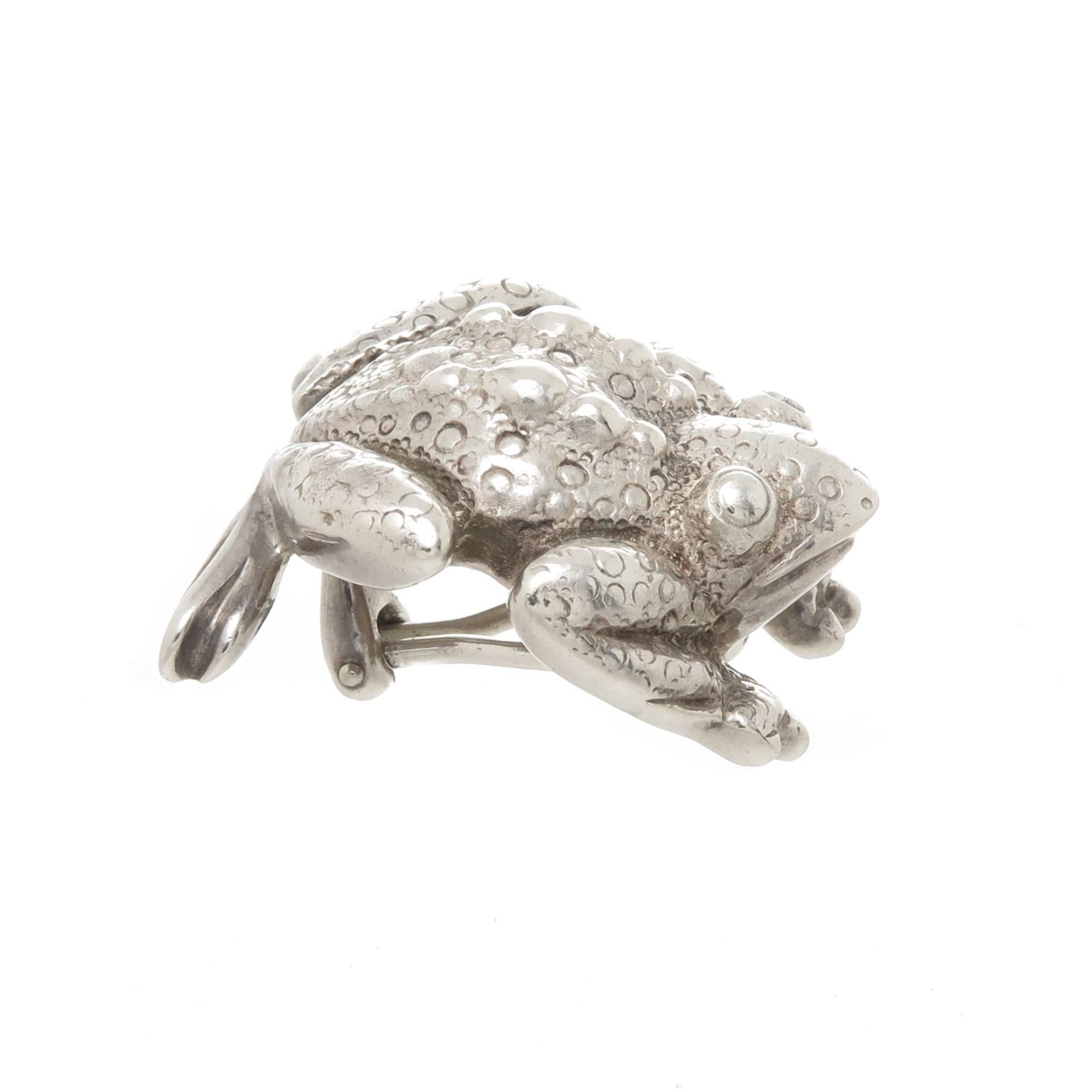 Circa 1980s Tiffany & Company Sterling Silver Bull Frog Earrings, measuring 1 1/8 inch in length X 1 inch. Having great detail, Omega clip backs to which a post can be easily added if desired. Comes with Tiffany felt storage pouch.
