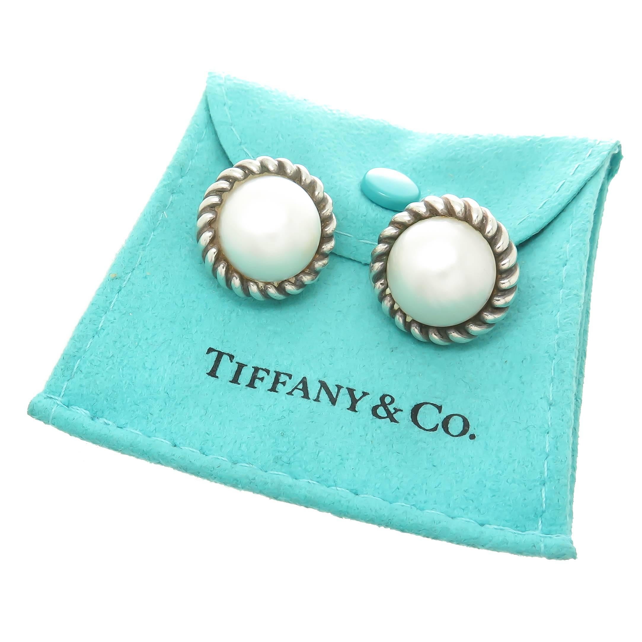 1980s Tiffany & Co.  Mabe Pearl Silver Earrings In Excellent Condition In Chicago, IL
