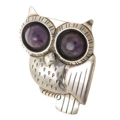 William Spratling Silver and Amethyst Owl Pin