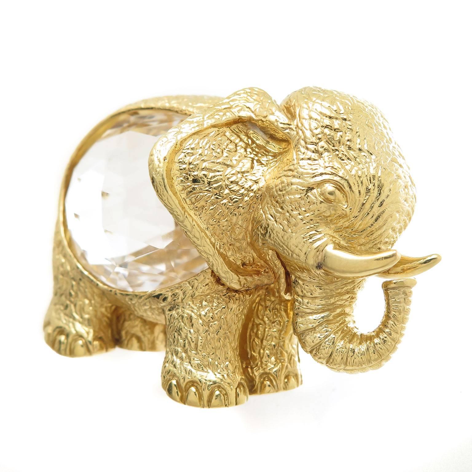 Magnificent David Webb Rock Crystal Gold Elephant Brooch In Excellent Condition In Chicago, IL