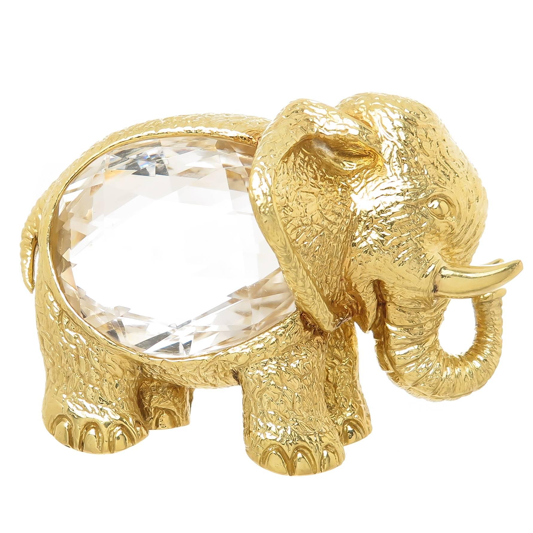Magnificent David Webb Rock Crystal Gold Elephant Brooch
