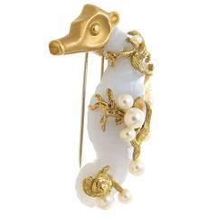 Seaman Schepps Edelstein Chalcedon  Gold-Seepferdchen-Brosche