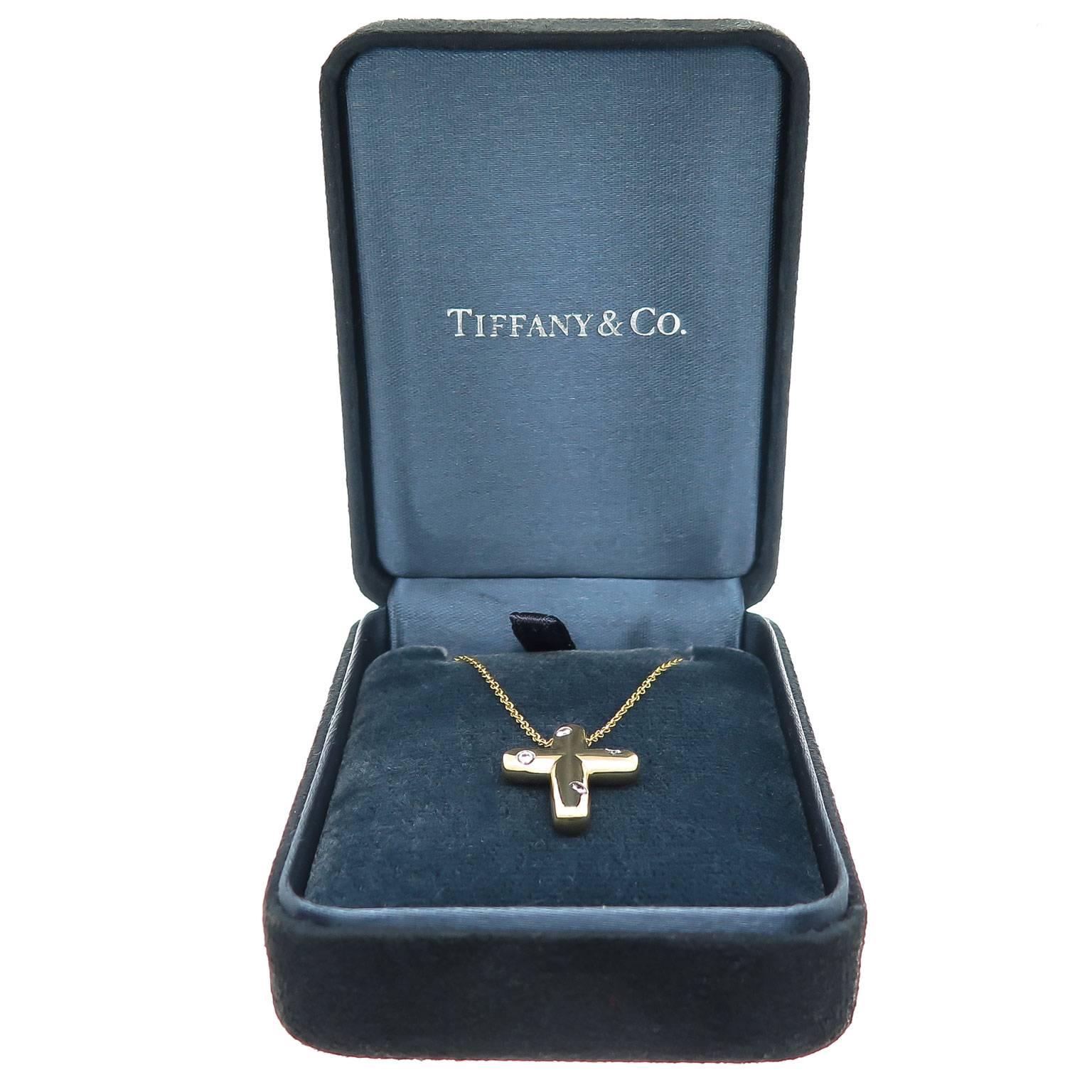 Tiffany & Co Gold and Diamond Cross Pendant Necklace In Excellent Condition In Chicago, IL