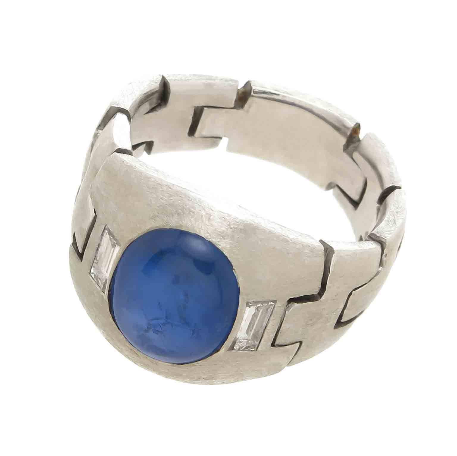Art Deco Platinum Diamond and Sapphire Flexible Linked Ring