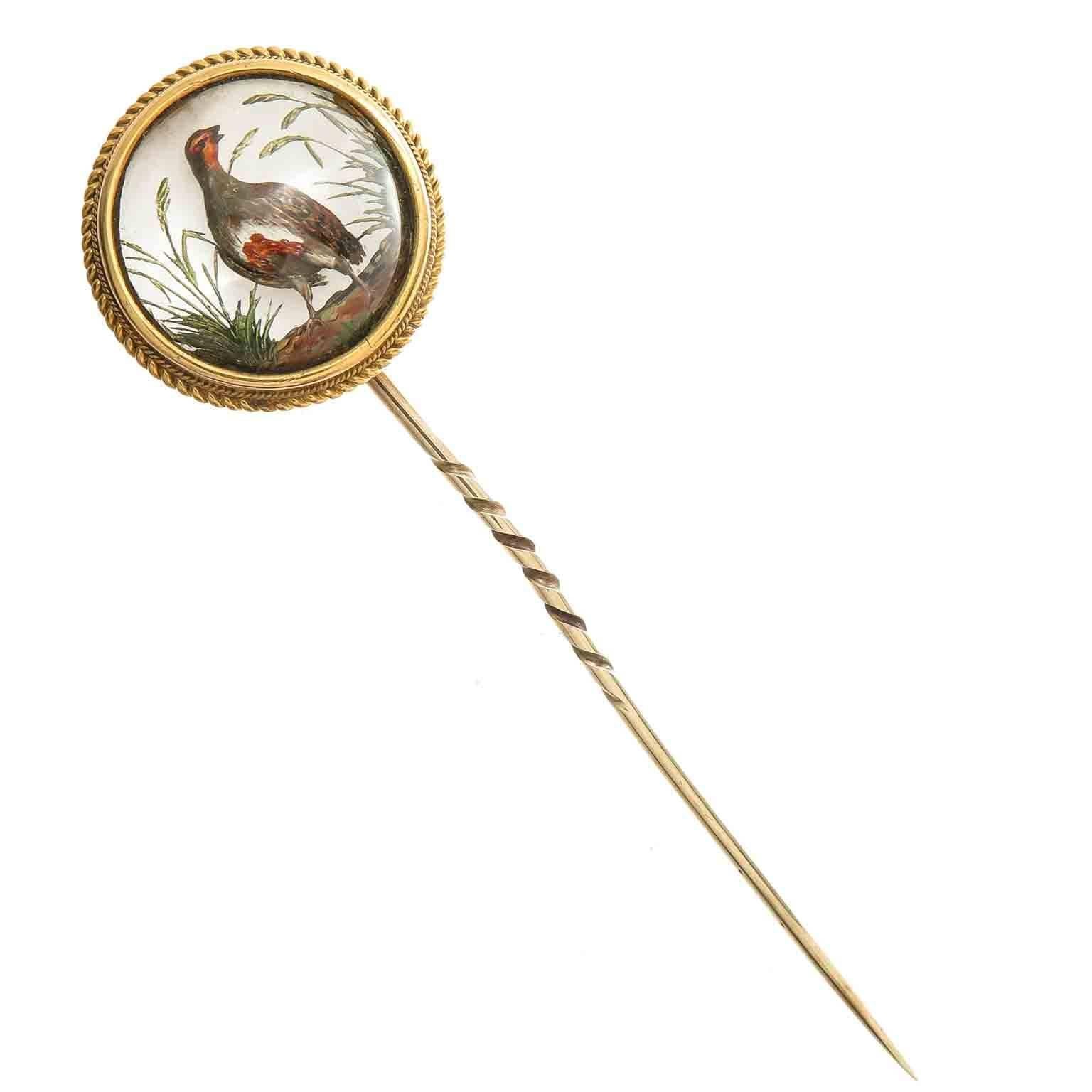 Large Victorian Gold and Reverse Carved Crystal Pheasant Stick Pin For Sale