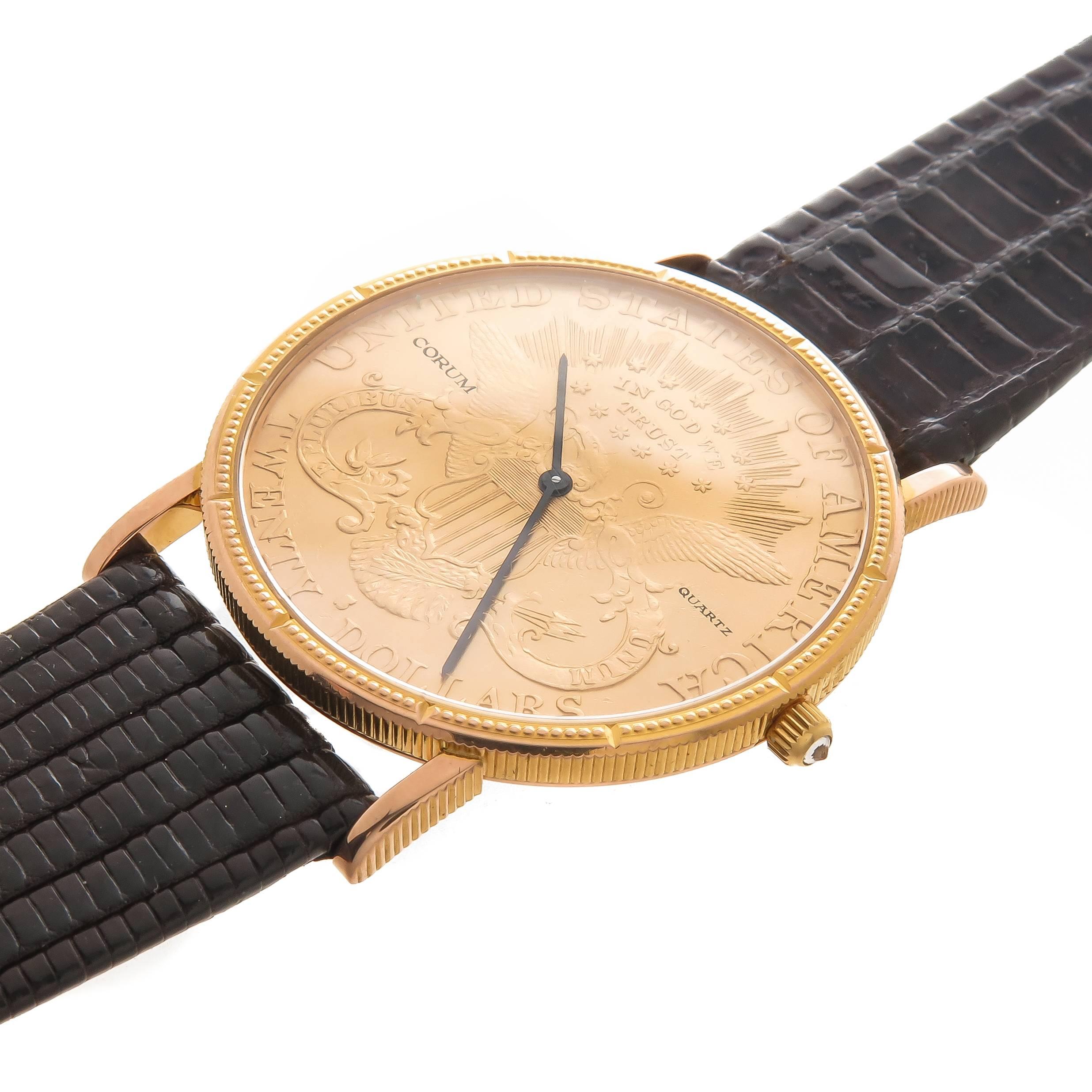 Circa 1980s Corum $20 Gold Coin Watch, 35 MM 18K yellow Gold Case, made from a Genuine U.S.  $20 Gold Coin. Quartz Movement, Scratch resistant crystal and a Diamond set Crown. New Hadley Roma Brown Lizard Strap with original Corum 18K Gold Buckle.