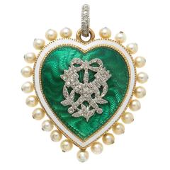 Antique Cartier Paris Belle Époque Gold Platinum Diamond Enamel Pearl Heart Pendant