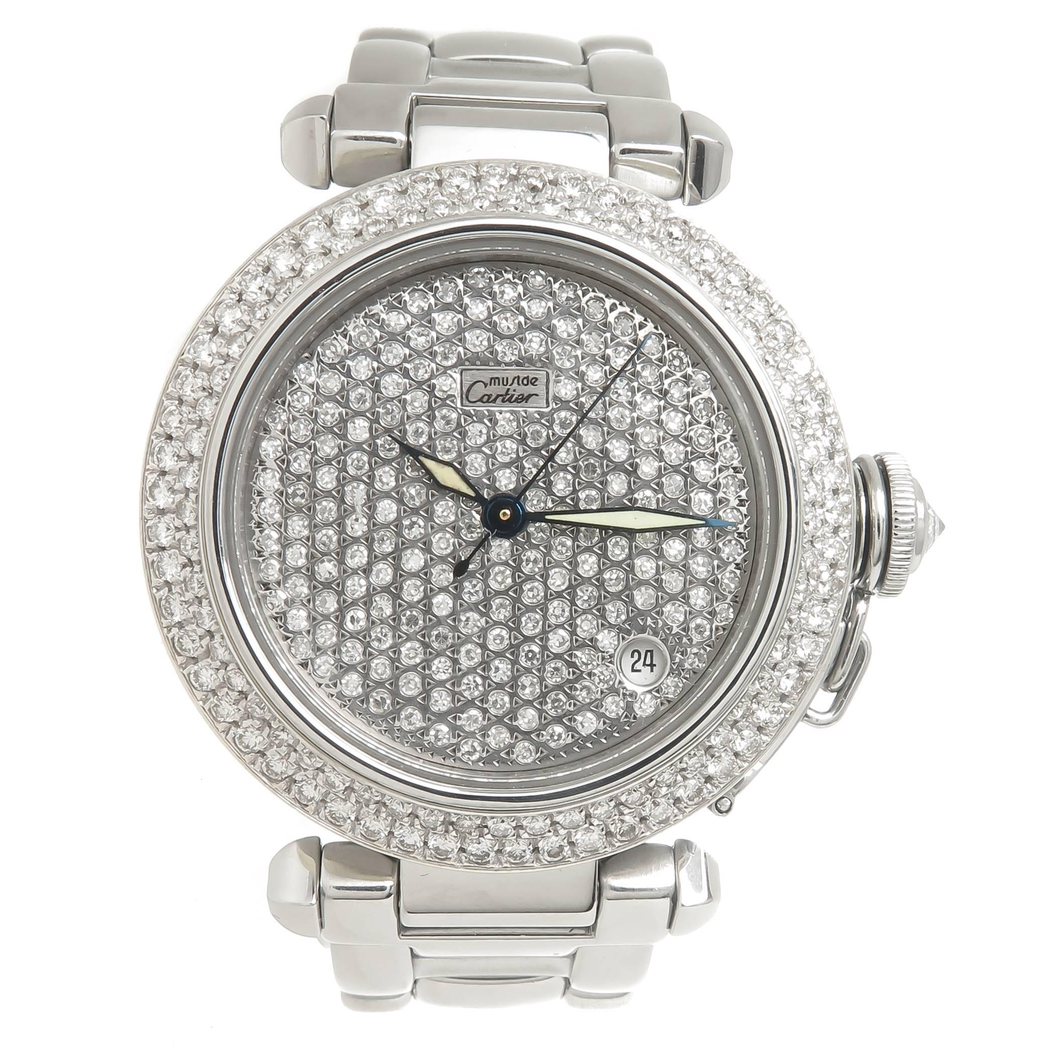Cartier Pasha Steel and Diamond Pave Automatic Wristwatch