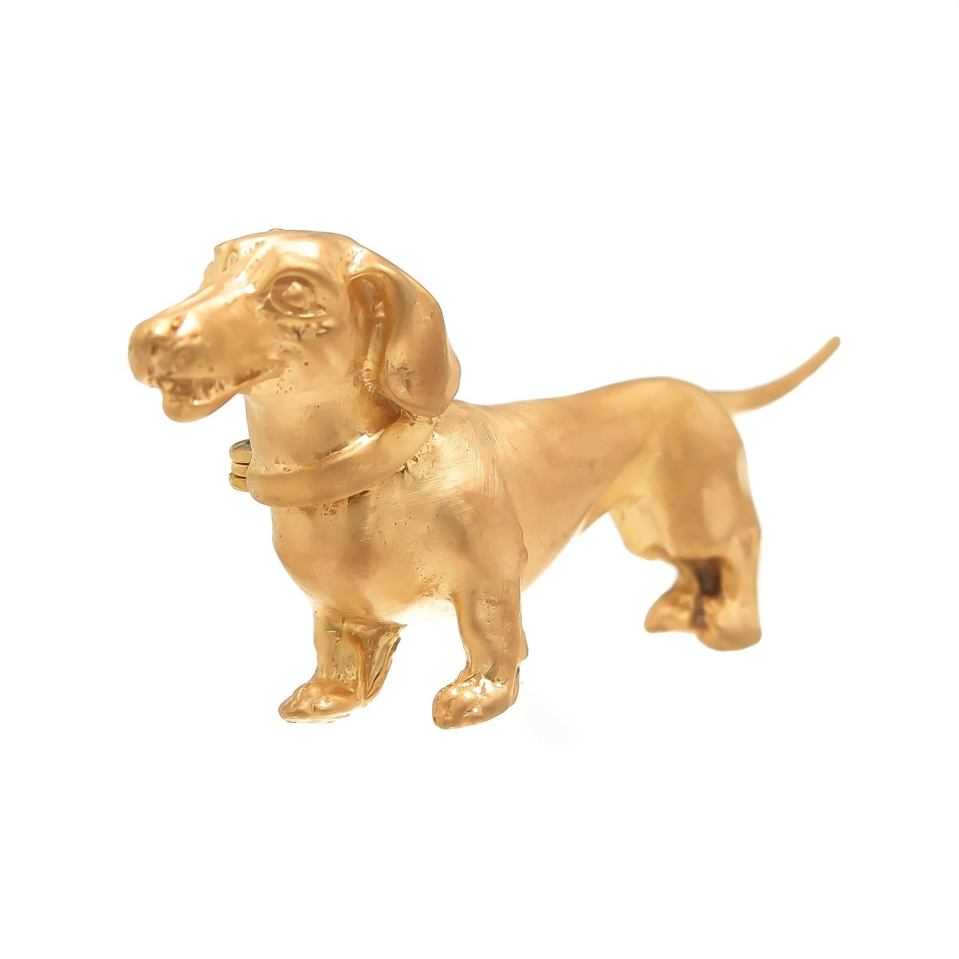 Circa 1960s Gold Plate on Sterling Silver Dachshund Dog Brooch, measuring 2 inch in length and having very nice detail.