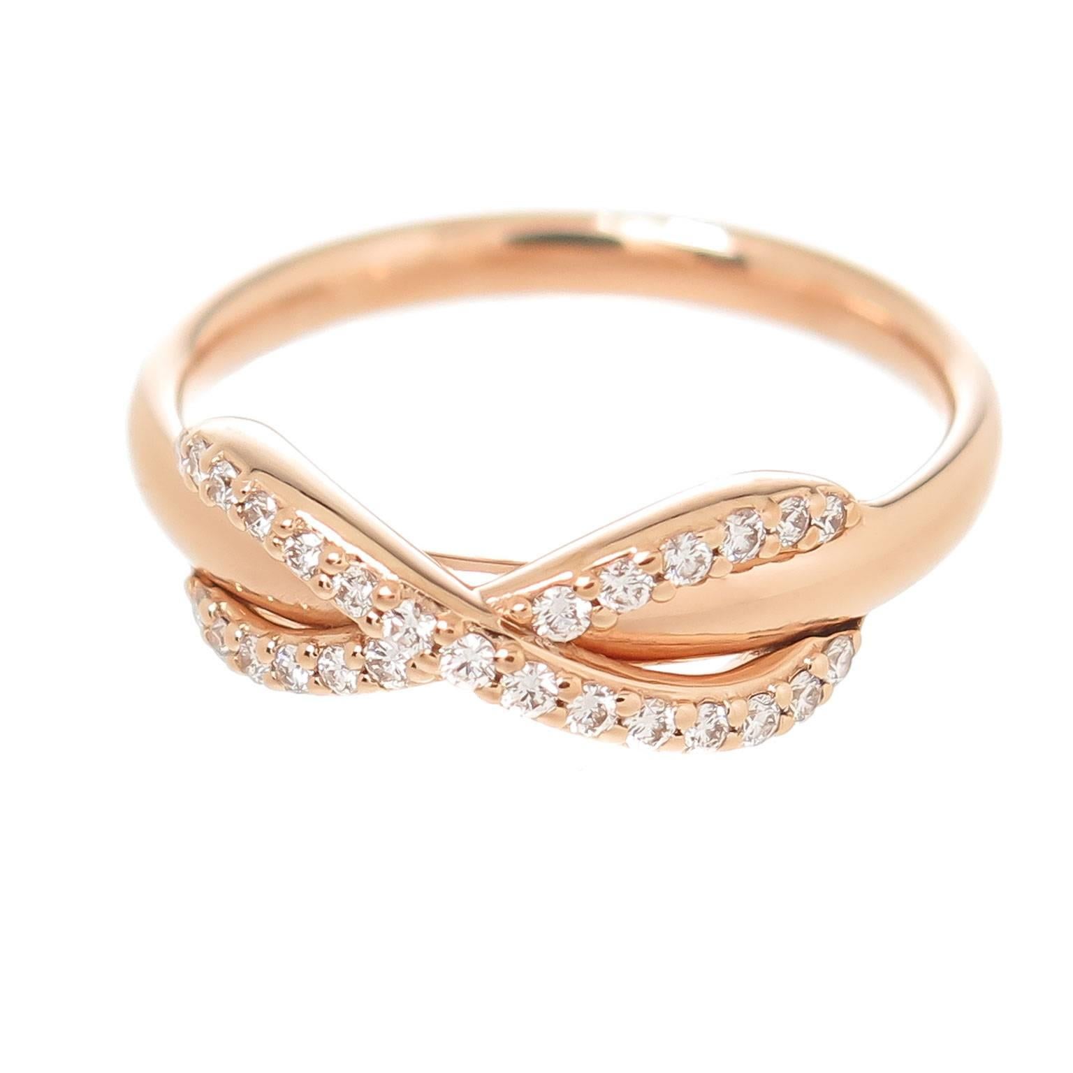 Circa 2015 Tiffany & Company 18K Rose Gold Infinity Collection ring. Set with Round Brilliant cut Diamonds totaling .13 carat. Finger size = 5.  New, unworn in original Tiffany presentation Box. 