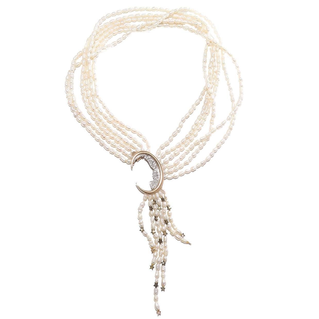 Erte Nocturne Pearl Diamond Gold Necklace